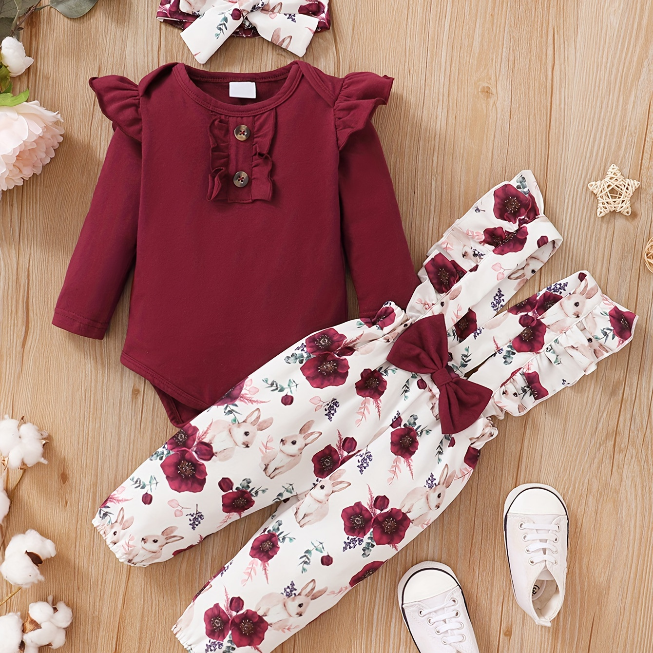 

Infant Girl Clothes Set, Girls Solid Color Long Sleeve Top + Flower Suspender Pants Plus Headband Three-piece Set