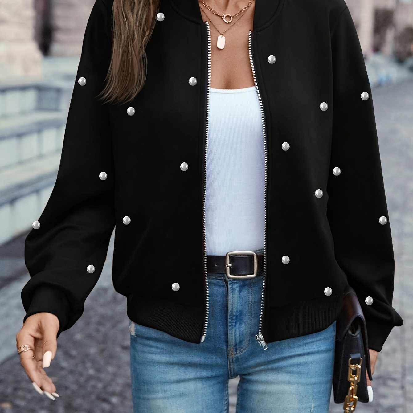 

Beaded Zipper Jacket, Casual Long Sleeve Outwear For Spring & Fall, Women's Clothing