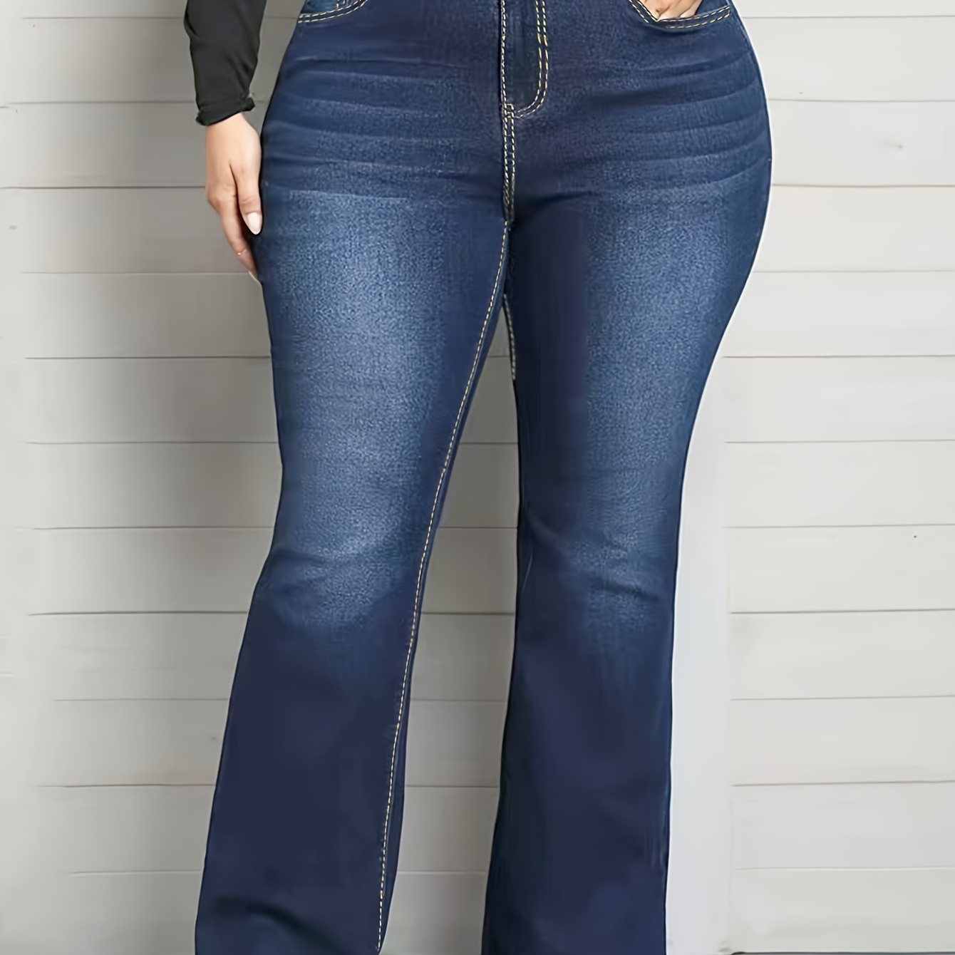 

Plus Size Double Buttons Whiskering Washed Ble Elegant Flare Leg Jeans, Women's Denim Jeans & Clothing