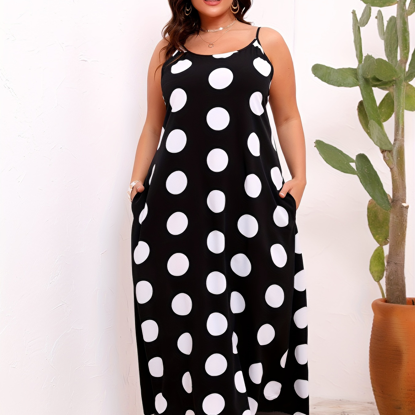 

Plus Size Polka Dot Print Cami Dress, Casual Pocket Ankle Length Spaghetti Strap Dress For Spring & Summer, Women's Plus Size Clothing
