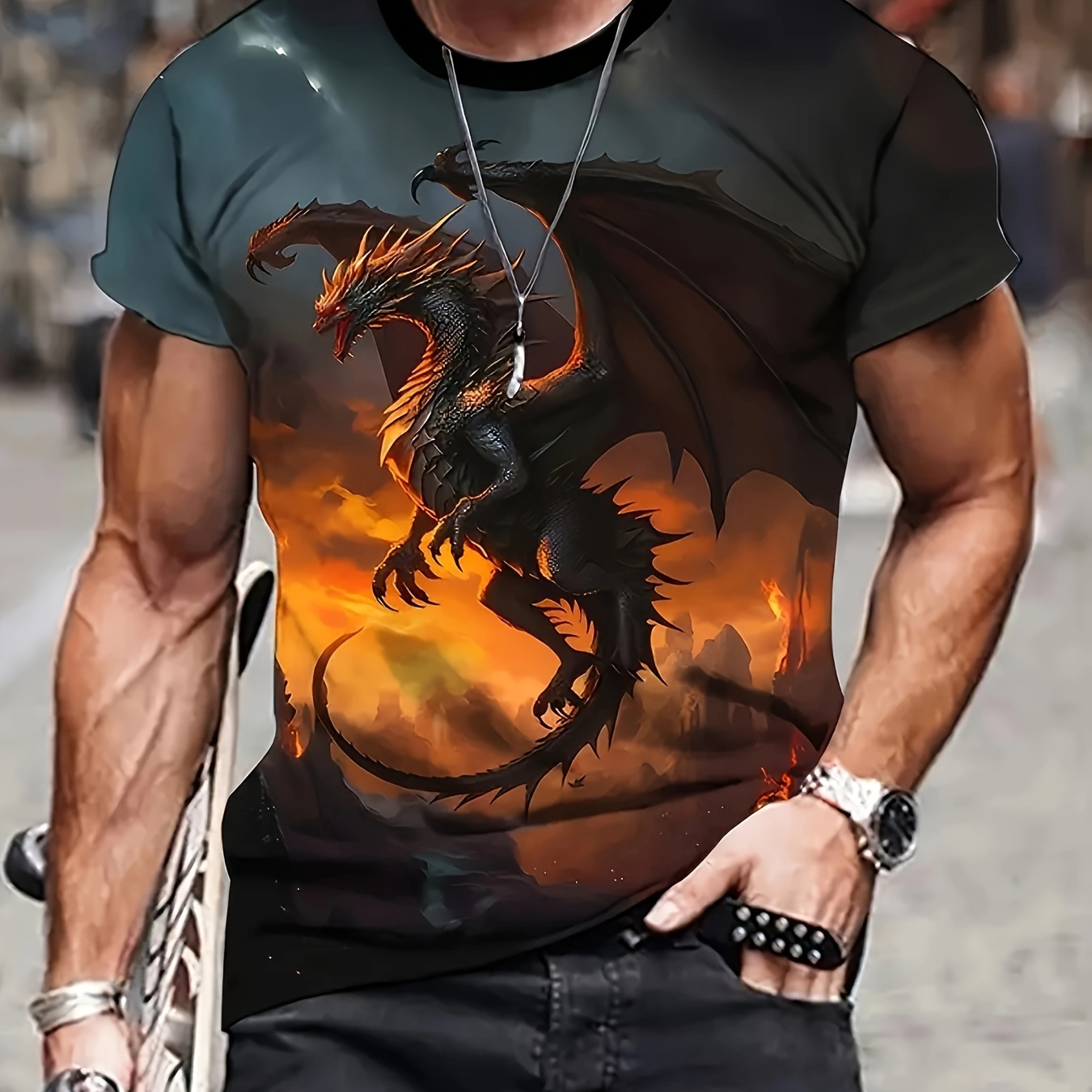

Men's Dragon Print T-shirt, Casual Short Sleeve Crew Neck Tee, Men's Clothing For Outdoor