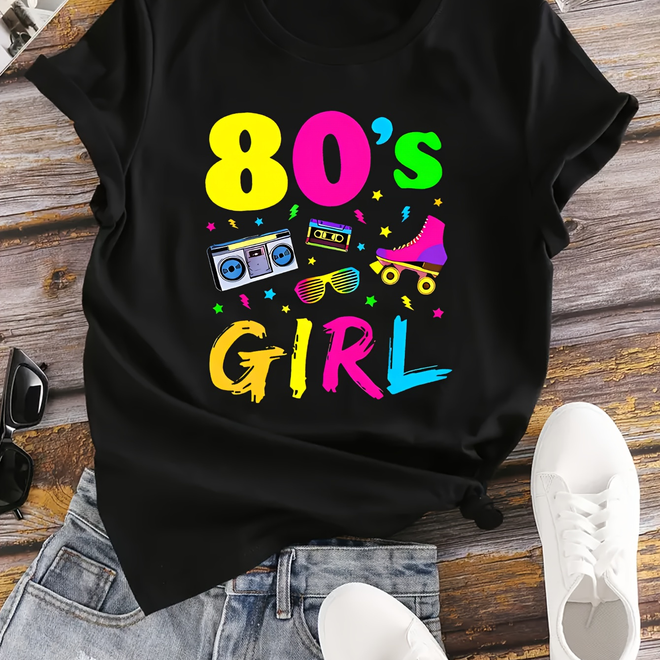 

80's Girl Print T-shirt, Casual Crew Neck Short Sleeve Top For Spring & Summer, Women's Clothing