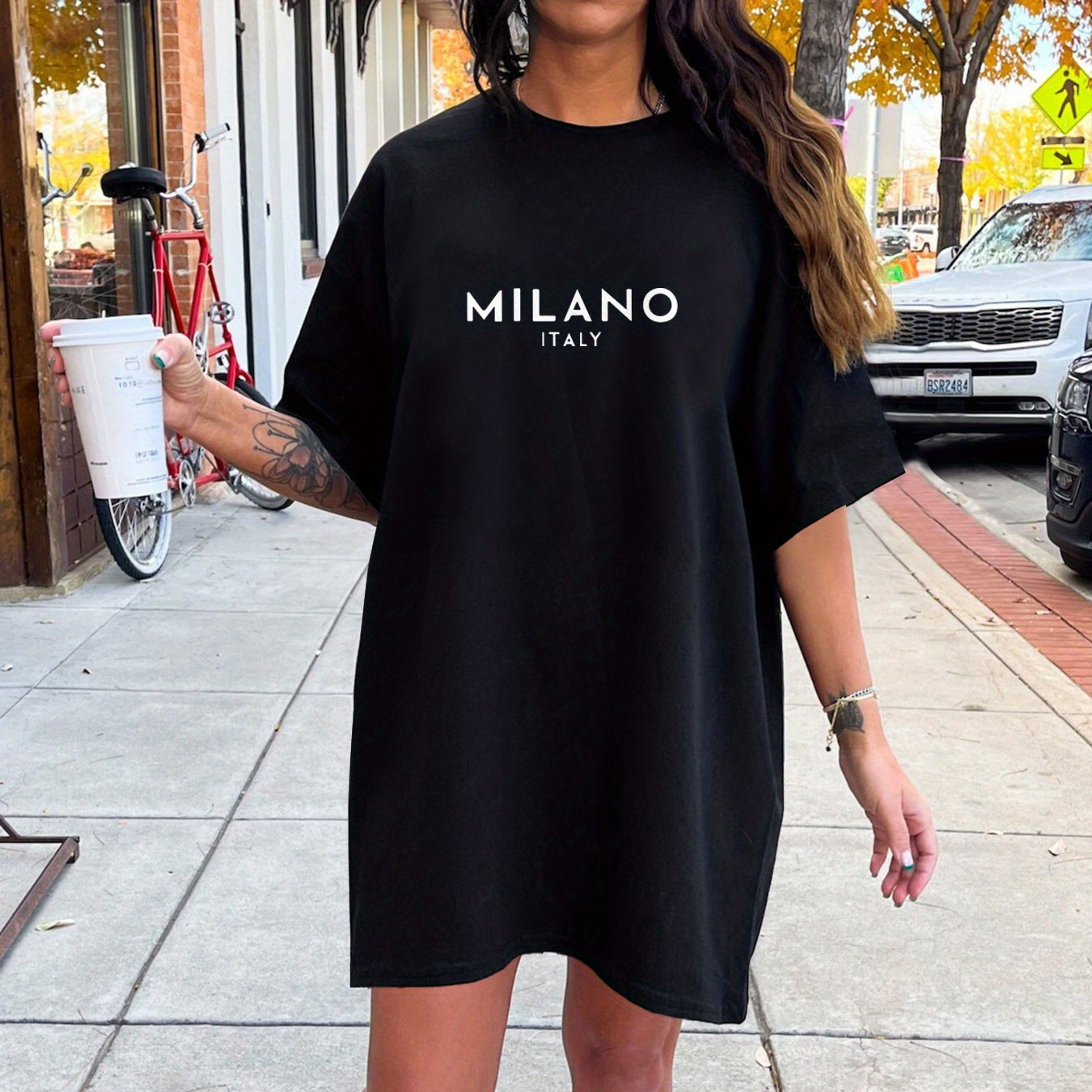 

Milano Print Crew Neck Tee Dress, Casual Short Sleeve Dress For Spring & Summer, Women's Clothing