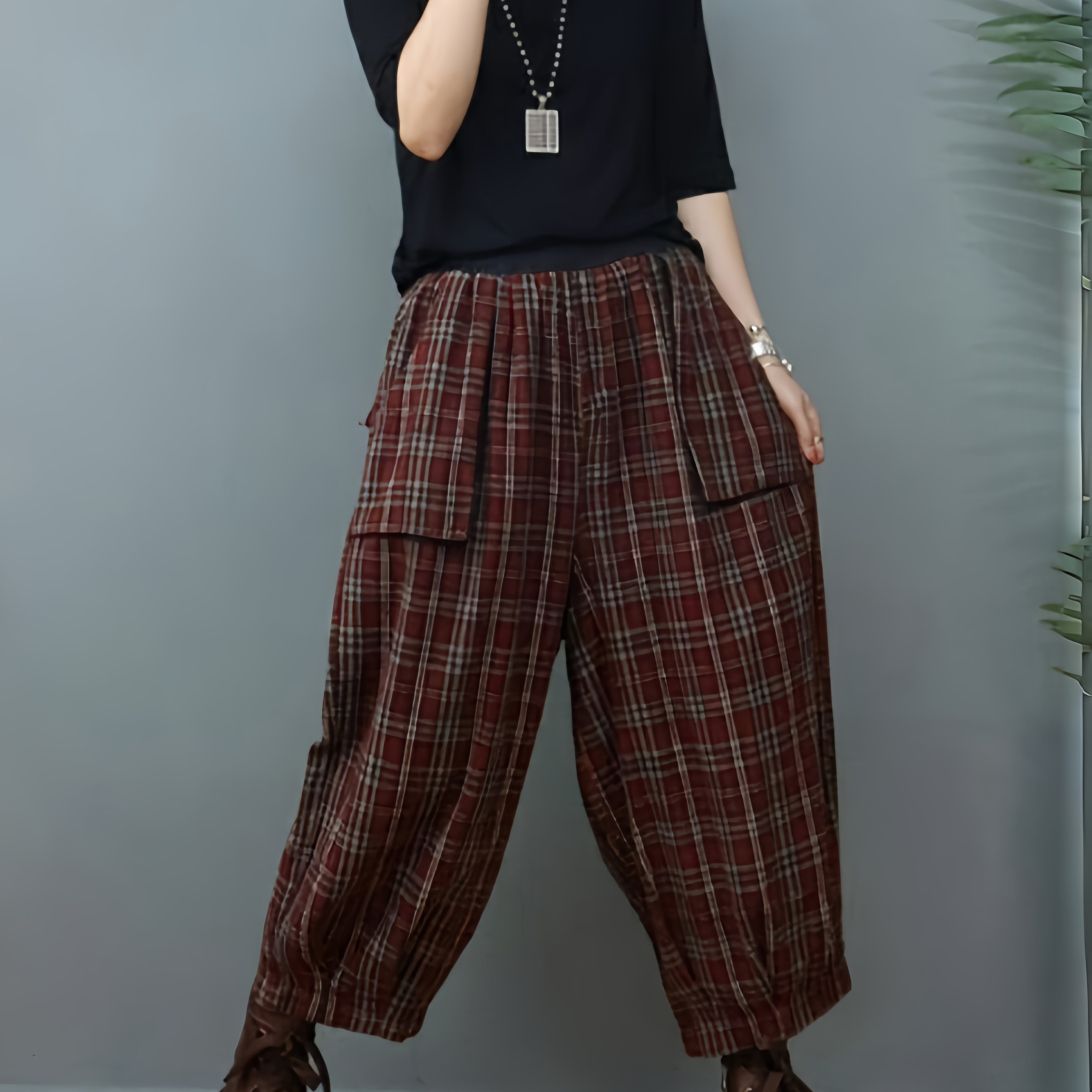 

1pc Vintage-inspired Harem Pants, High-waisted Slimming Lantern Style, Polyester Woven Fabric With Pockets, Artistic Retro Design For Spring/summer/fall - Adult Casual Wear