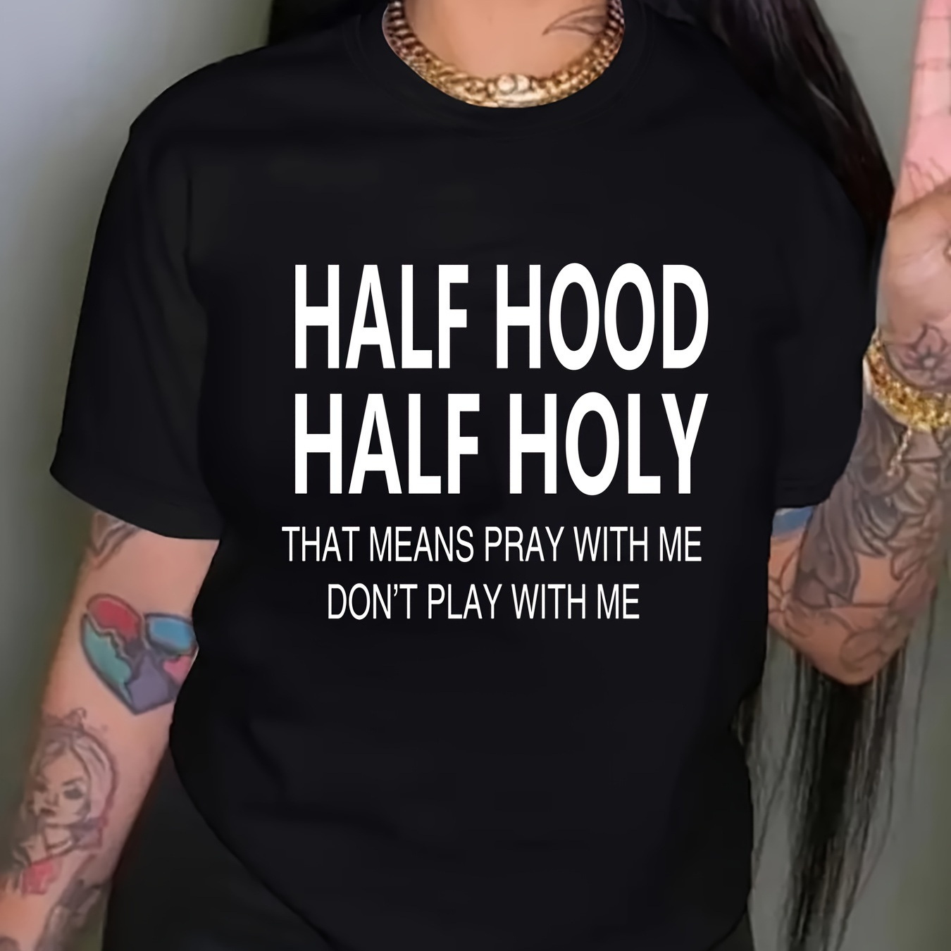

Half Hood Half Holy Print Crew Neck T-shirt, Casual Short Sleeve Top For Summer & Spring, Women's Clothing