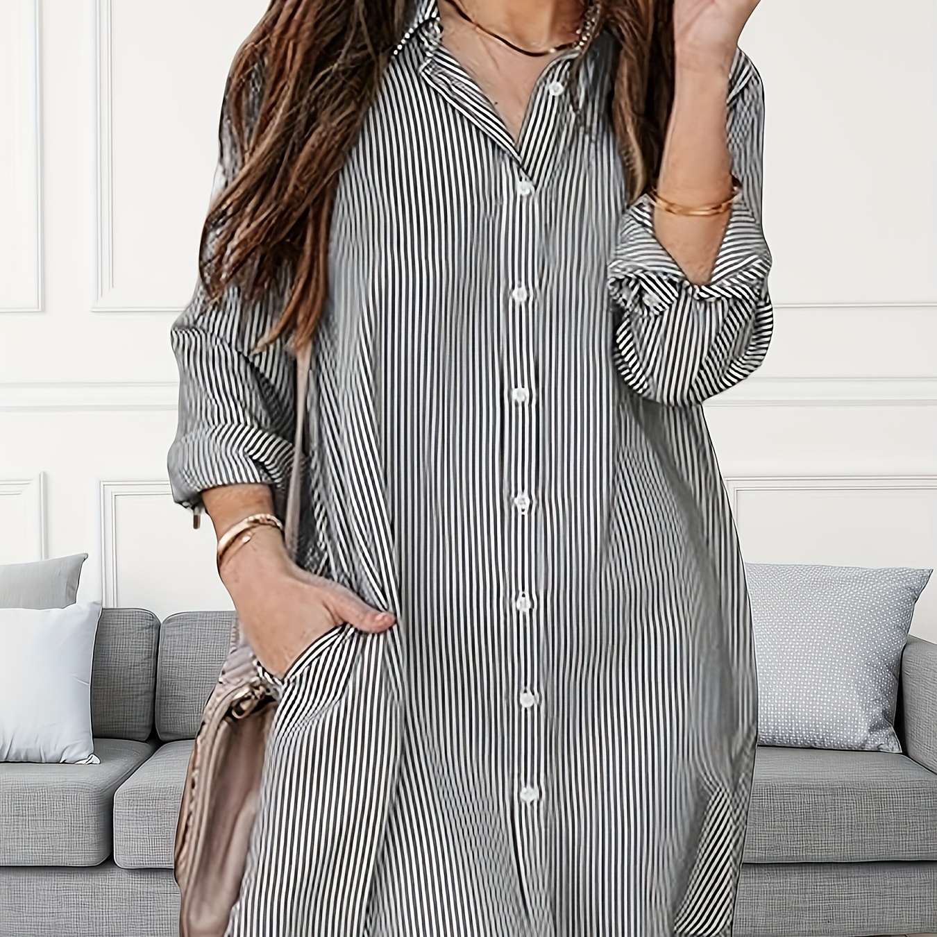 

Striped Button Front Shirt Dress, Casual Long Sleeve Loose Shift Dress For Spring & Fall, Women's Clothing