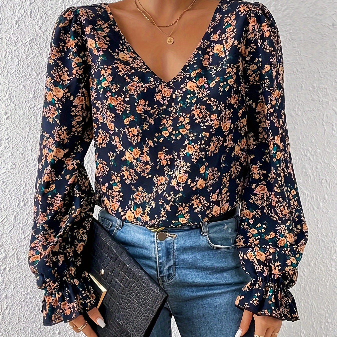 

Haut À Col En V Avec Imprimé Floral Et Dentelle, Élégant Top À Manches Longues Avec Lien Dans Le Dos Pour Le Printemps Et L'automne, Vêtements Pour Femmes