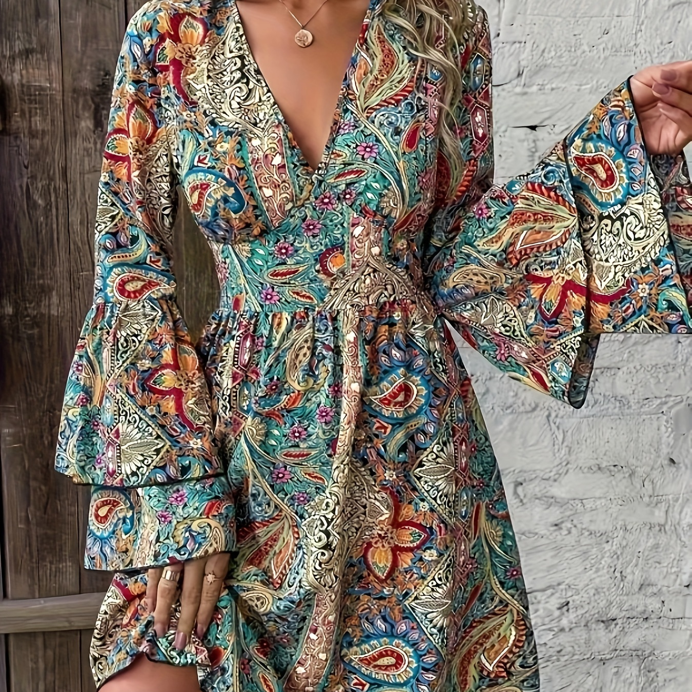 

Paisley Print V Neck Dress, Elegant Layered Sleeve A-line Dress For Vacation, Women's Clothing