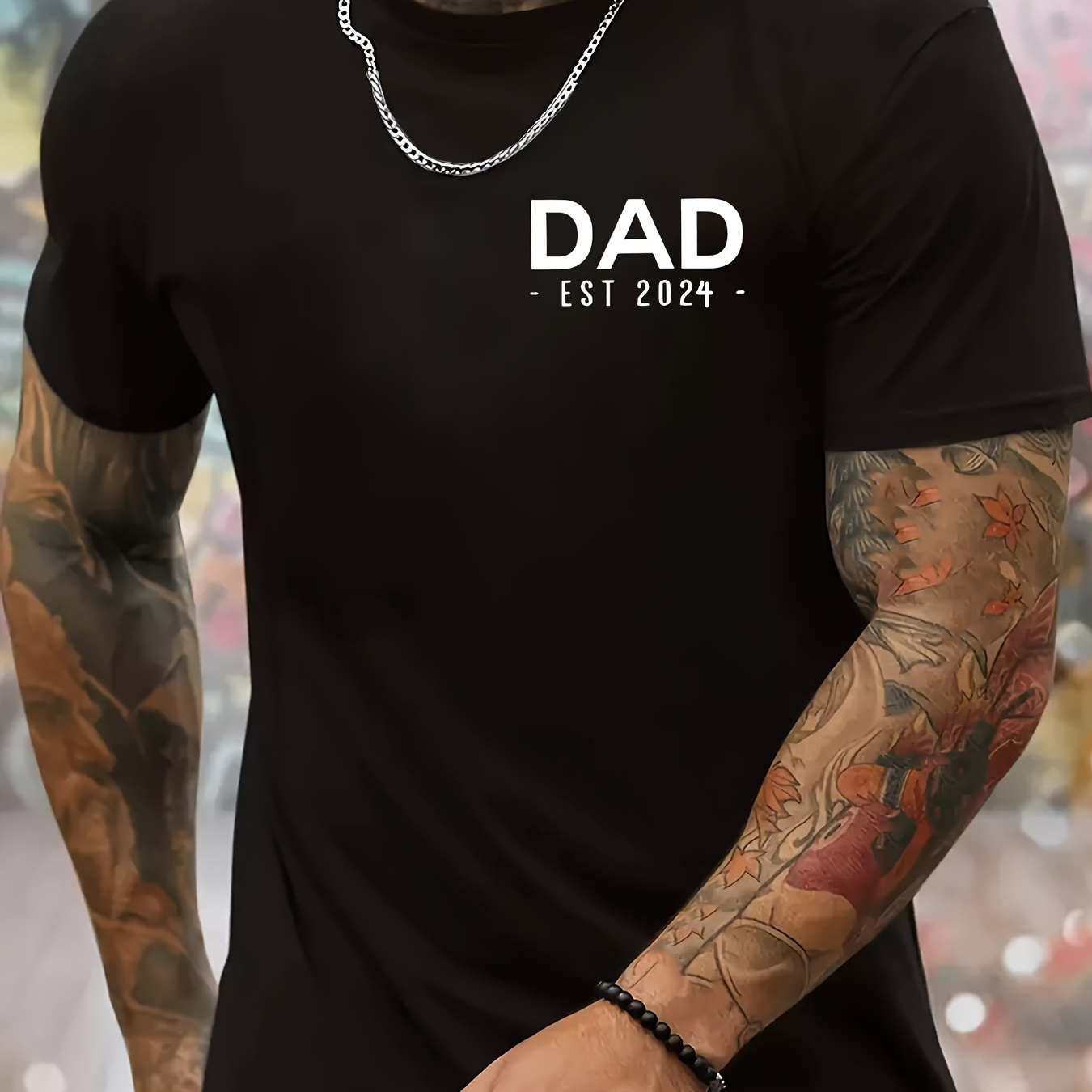 

Dad Est 2024 Print Men's Crew Neck T-shirt, Short Sleeve Versatile Casual Summer Clothes