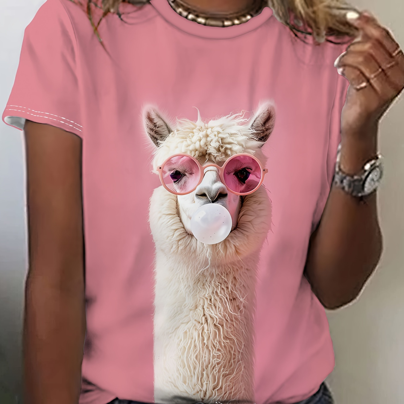 

Summer Casual Alpaca Print T-shirt For Women - 3d , Knit Fabric, Polyester, Round Neck, Animal Pattern, Regular Fit