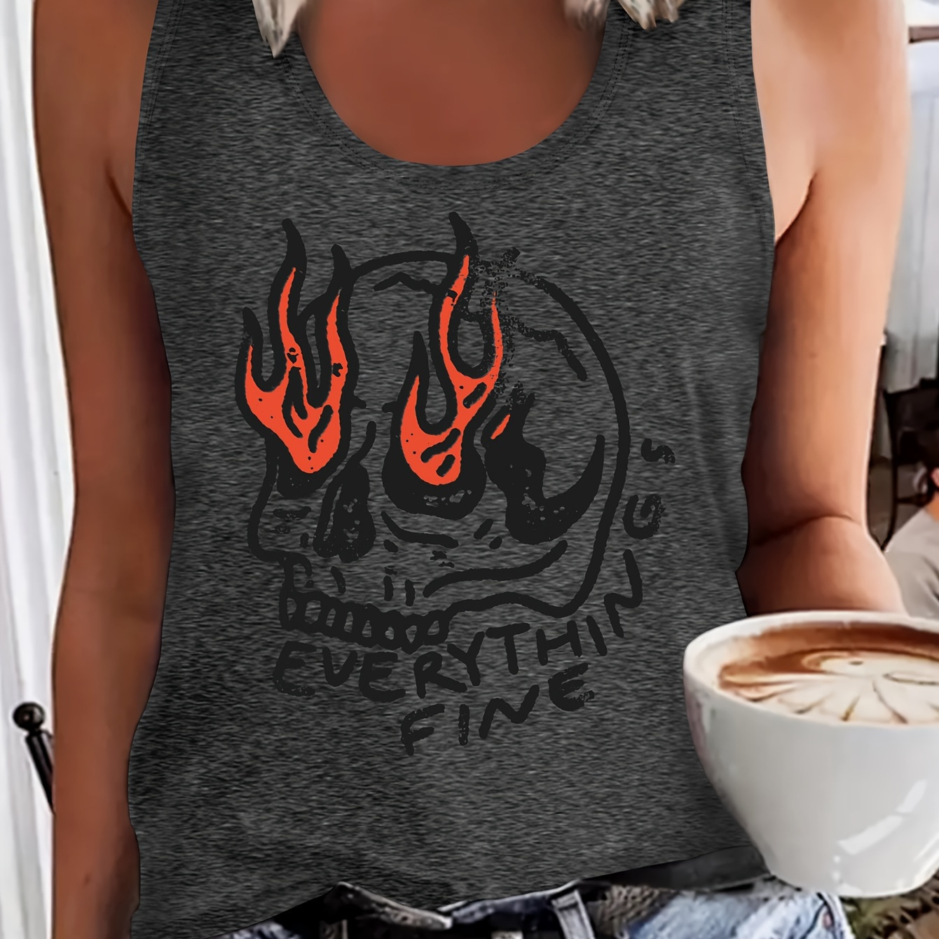 

Skull Print Crew Neck Tank Top, Sleeveless Casual Top For Summer & Spring, Women's Clothing