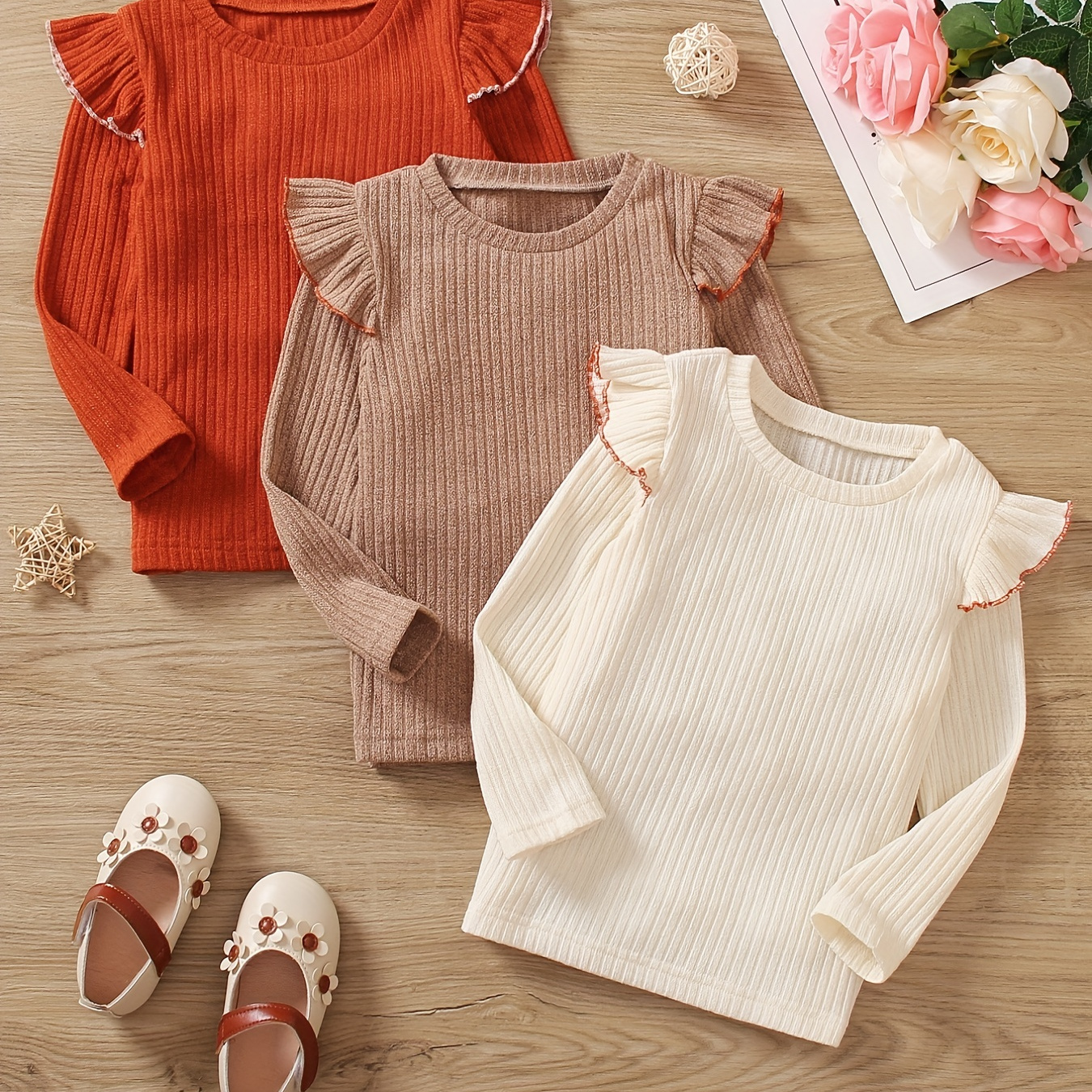 3pcs Toddler Girl's Cute Ruffle Long Sleeve Knitted Tops Kids Spring Fall Clothes