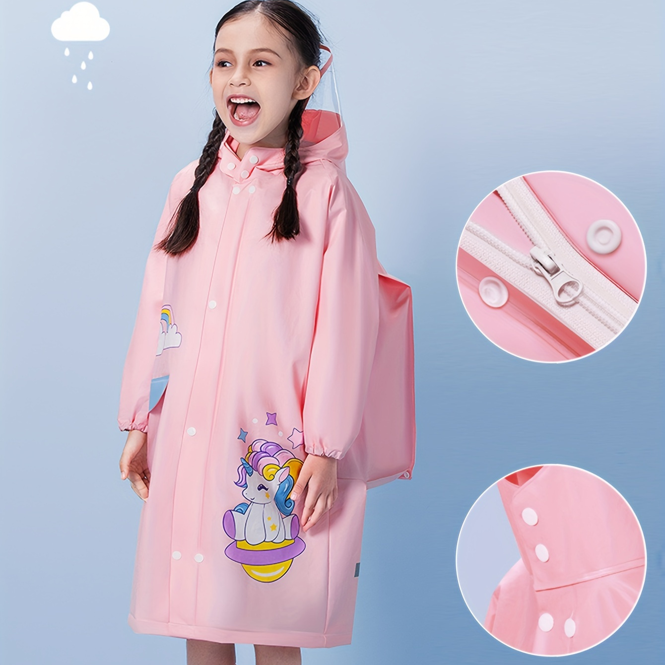 

Zip Front Unicorn Graphic Long Sleeve Eva Poncho Girls Cute Raincoat Kids
