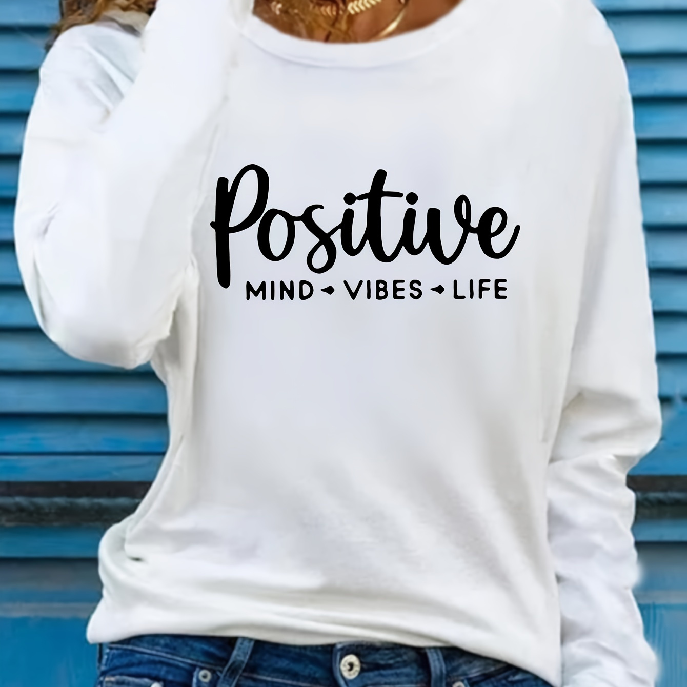 

Positive Vibes Life Long Sleeve T-shirt For Women - Casual Polyester Knit Fabric, Round Neck, Alphabet Print, Pullover Style, Pad, Spring/fall Collection