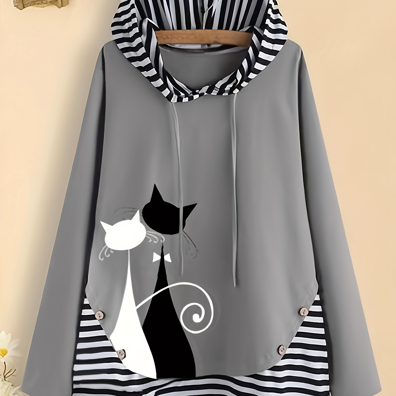 

Plus Size & Striped Top, Decor Long Drawstring Hooded Top, 's Plus Size Clothing