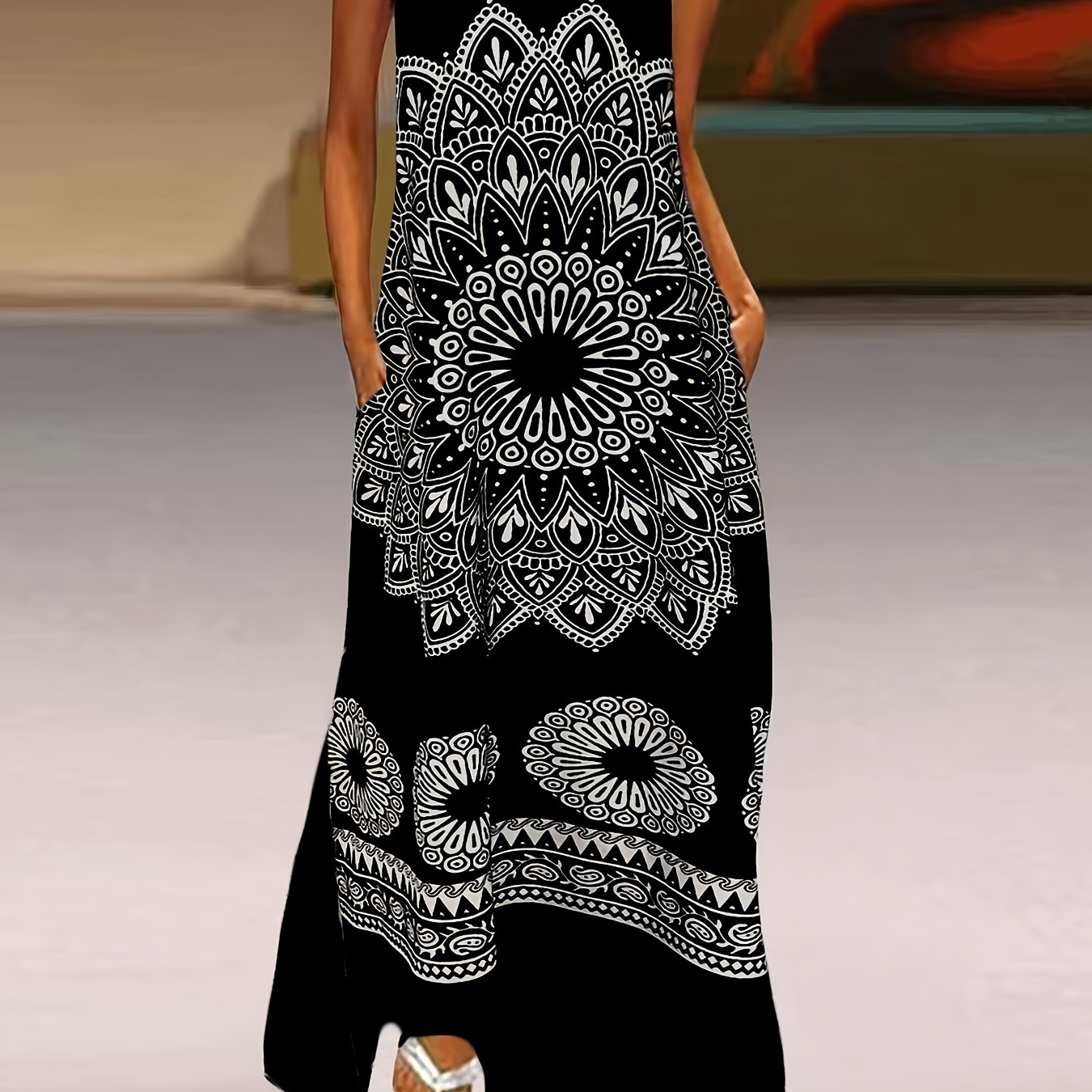 

Mandala Floral Print Maxi Dress, Elegant Notched Neck Sleeveless Dress, Women's Clothing