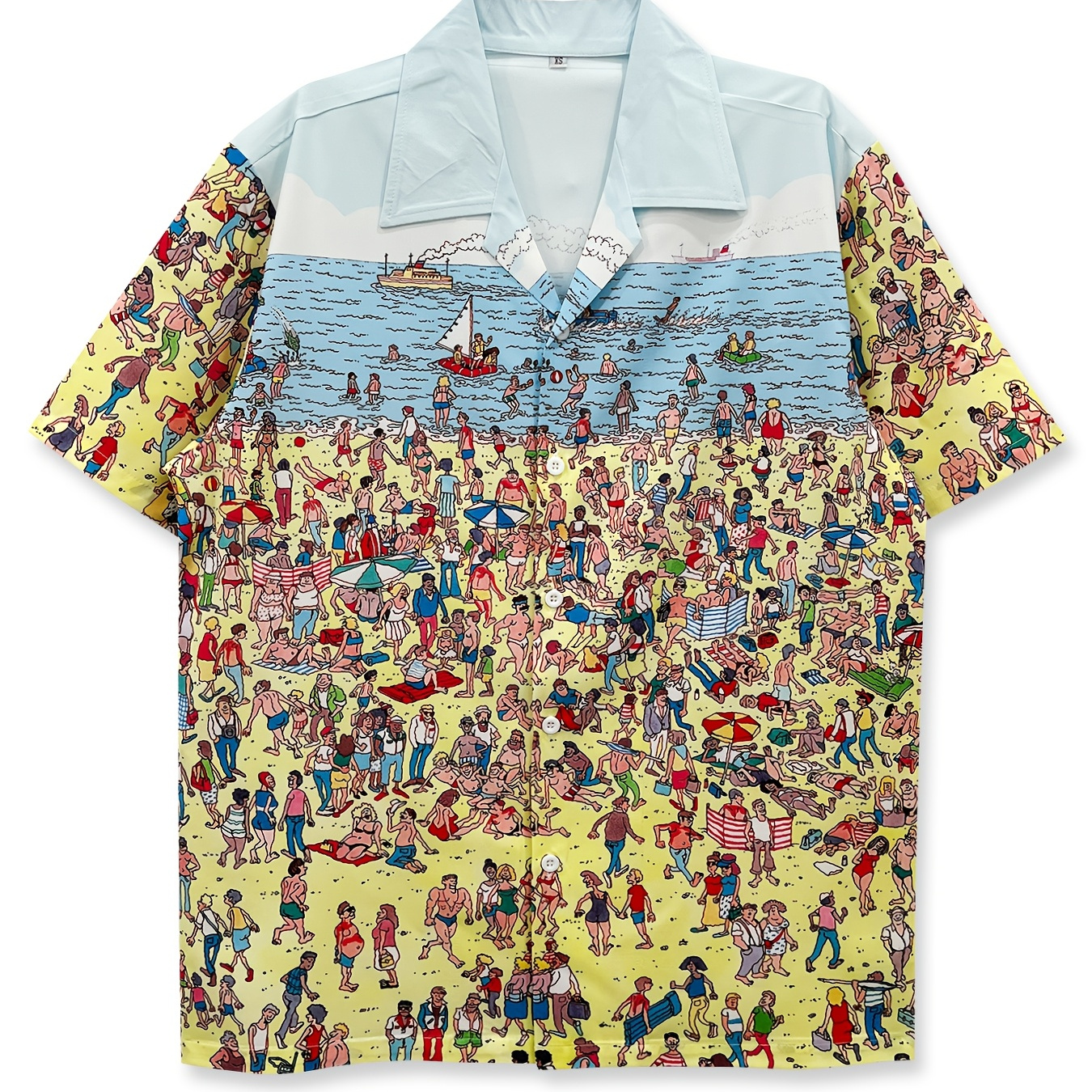 

Men's Casual Beach Shirt With Funny Crowd Print, Short Sleeve, Button-up, Polyester - In Ink Green And , Sizes Xs-xxl