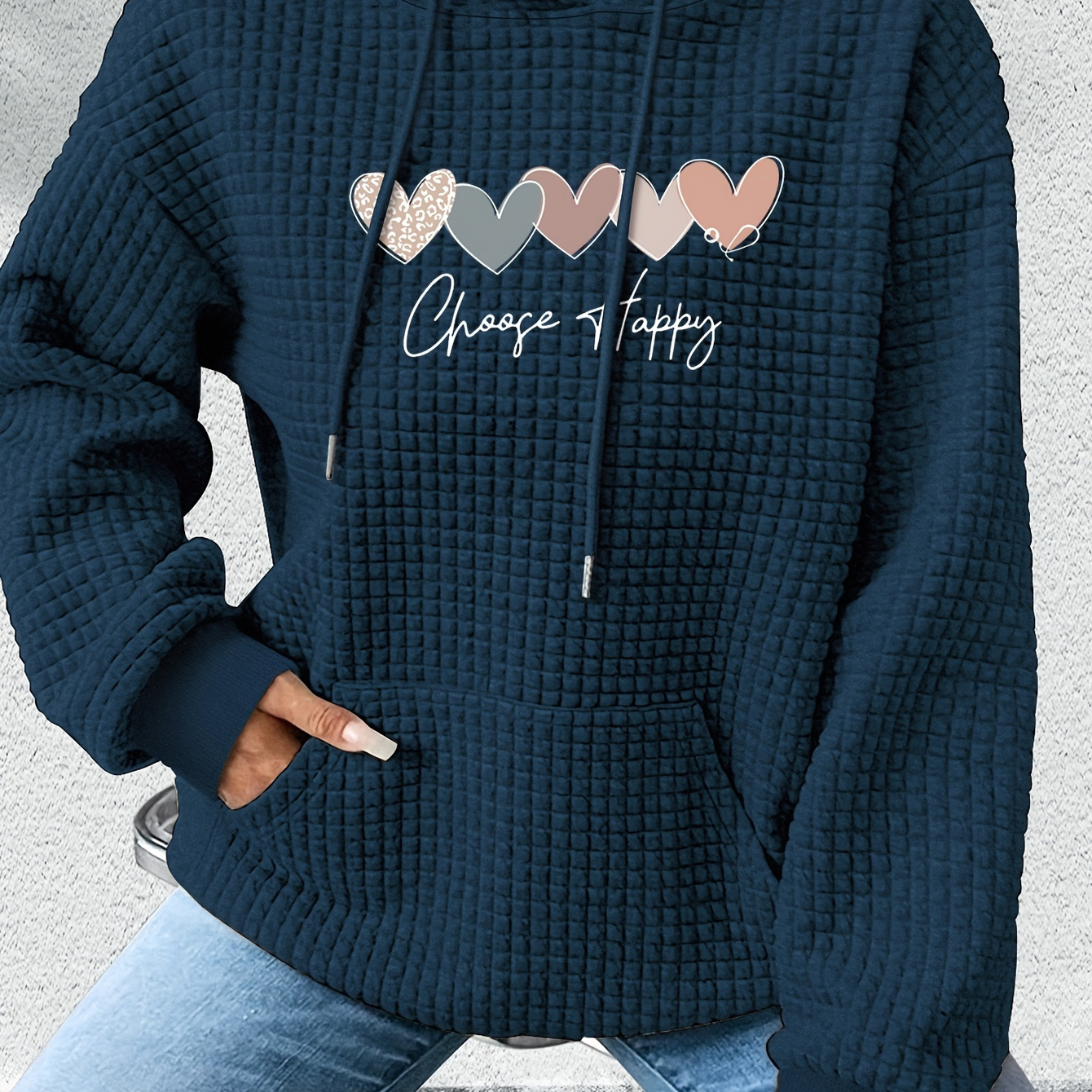 

Sweat à capuche décontracté pour femme avec motif de cœur et alphabet, manche longue, tissu tricoté en polyester, ajustement décontracté, style pullover, sans ceinture, pour la saison d'automne/hiver