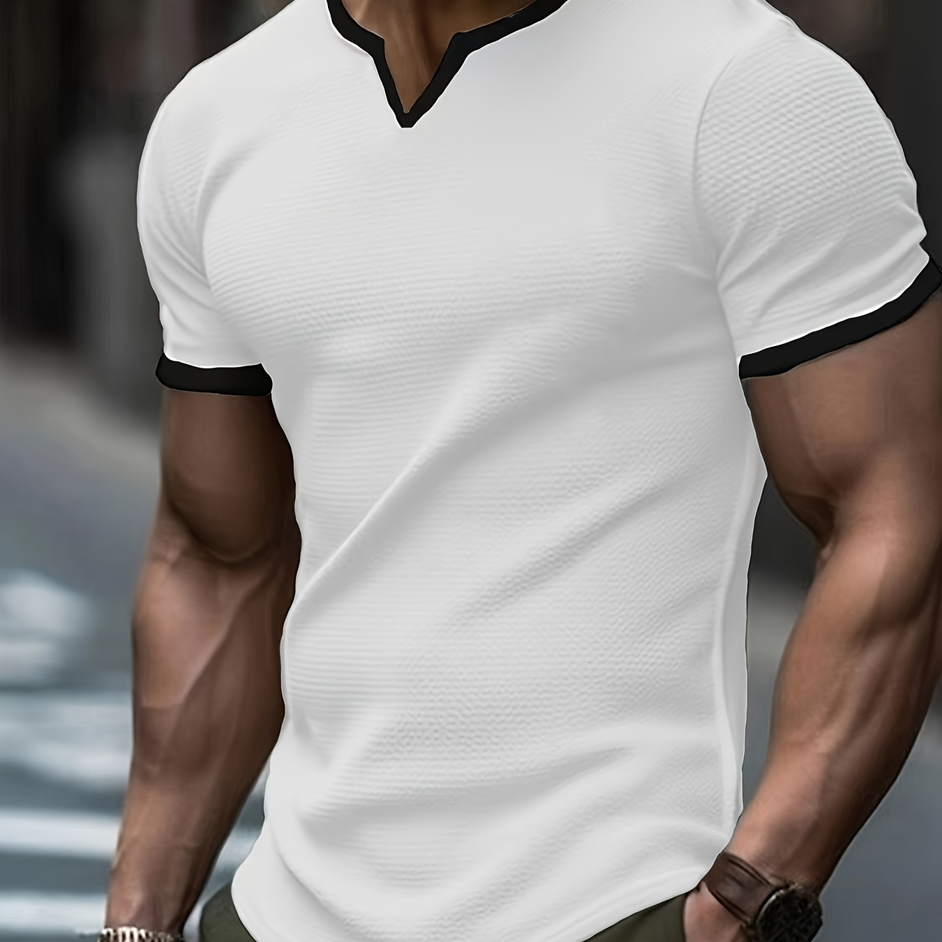 

Men's Short Sleeve V-neck Solid Color T-shirt, Mesh Fabric Casual Fashion Tee, Summer Daily
