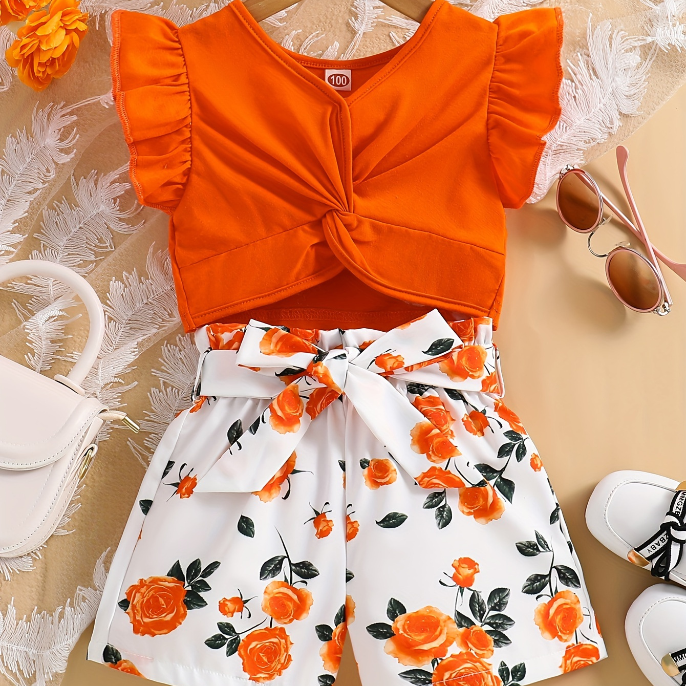 

Orange Flowers Print Girls 2pcs Lettuce Sleeve Wrapped Top + High Waist Shorts Set, Casual 2-piece Summer Outfit For Girls