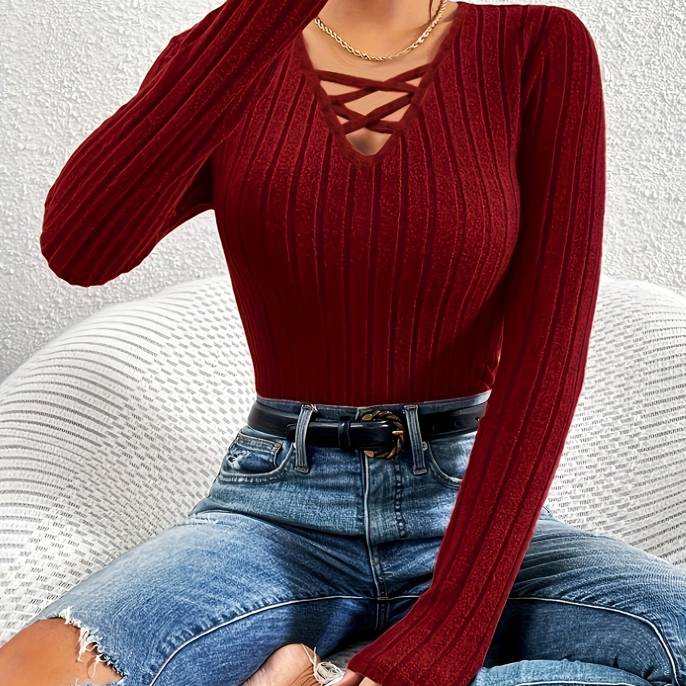 

Solid Criss Ribbed T-shirt, Elegant Long Sleeve V Neck T-shirt For Spring & Fall, Women's Clothing