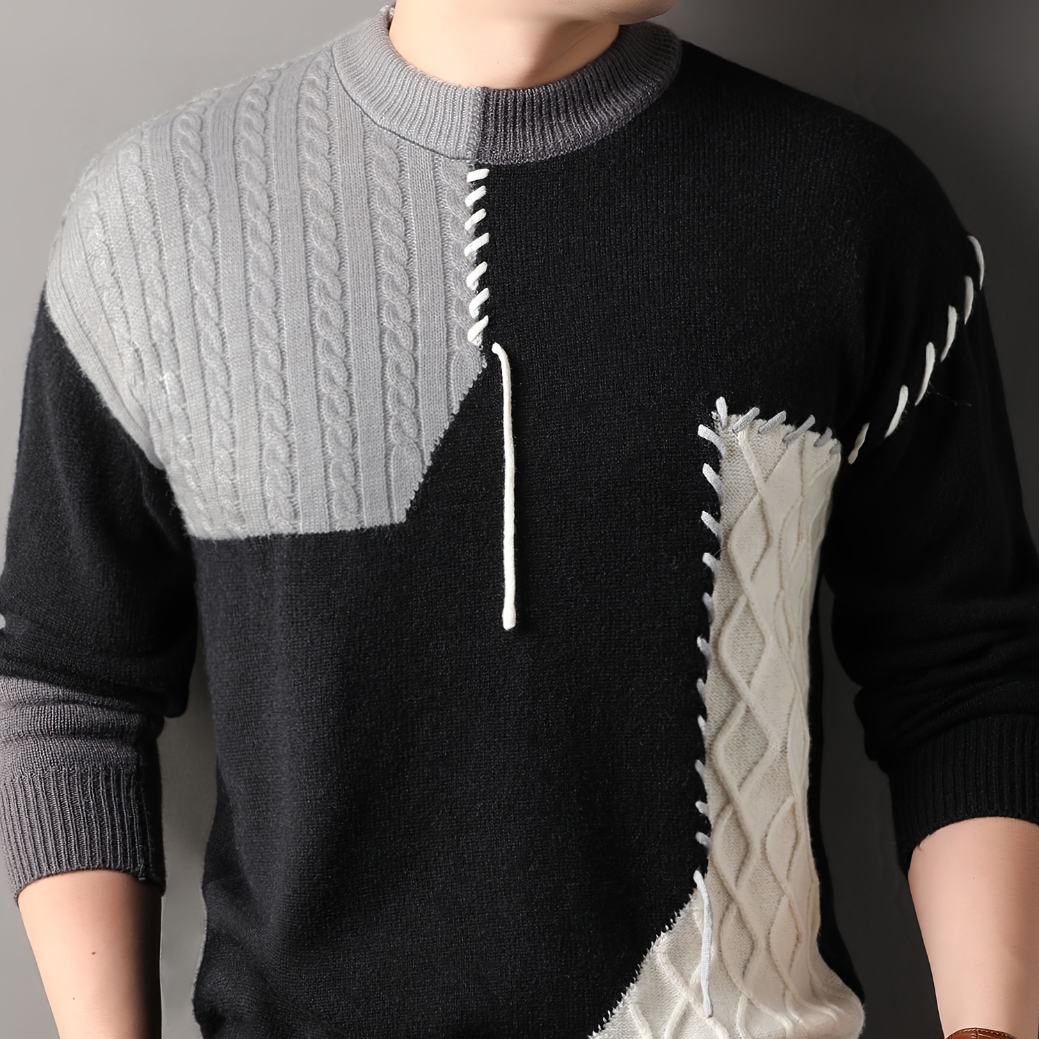 

1pc Men's Korean Neck Sweater, Casual Striped Pattern, Rib-knit, Stretch, Loose Fit, Acrylic Knit Fabric, Thick Warm Patchwork Pullover For Fall/winter - Fashionable Base Layer Top [12422]