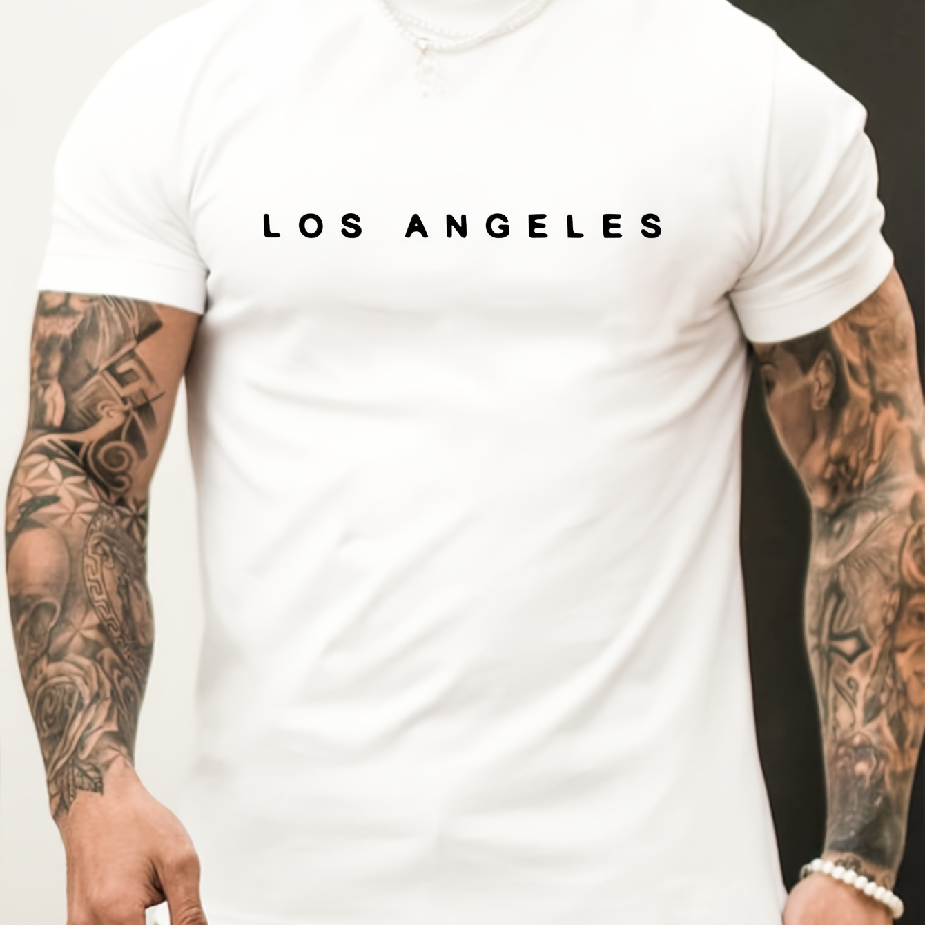 

Los Angeles " Trendy Print Casual Short-sleeved Cotton T-shirt For Men, Spring And Summer Top, Comfortable Round Neck Tee, Regular Fit, Versatile Fashion For Everyday Wear