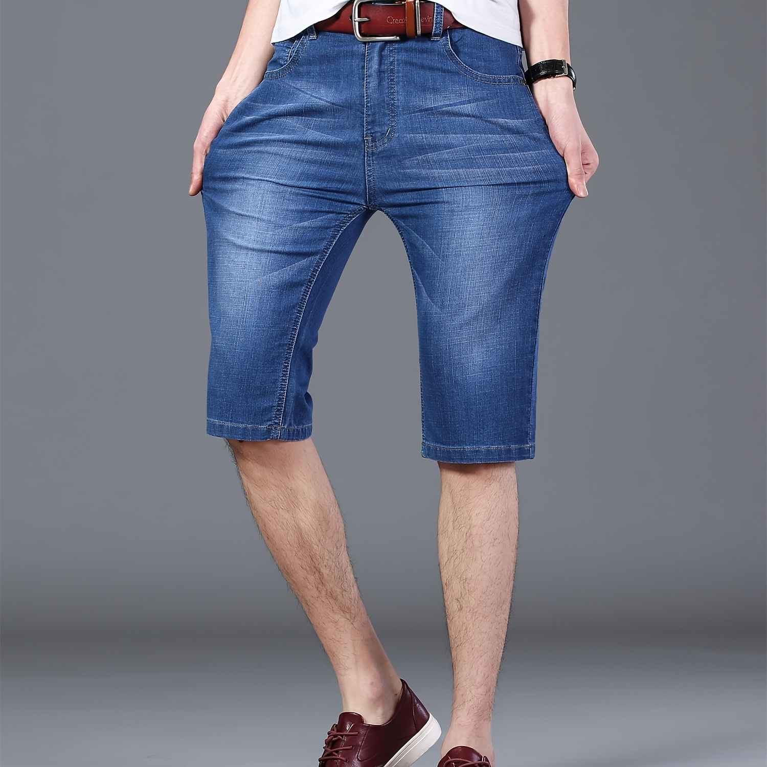 

Men's Solid Denim Shorts With Pockets, Casual Cotton Blend Jorts For Summer Outdoor Activities