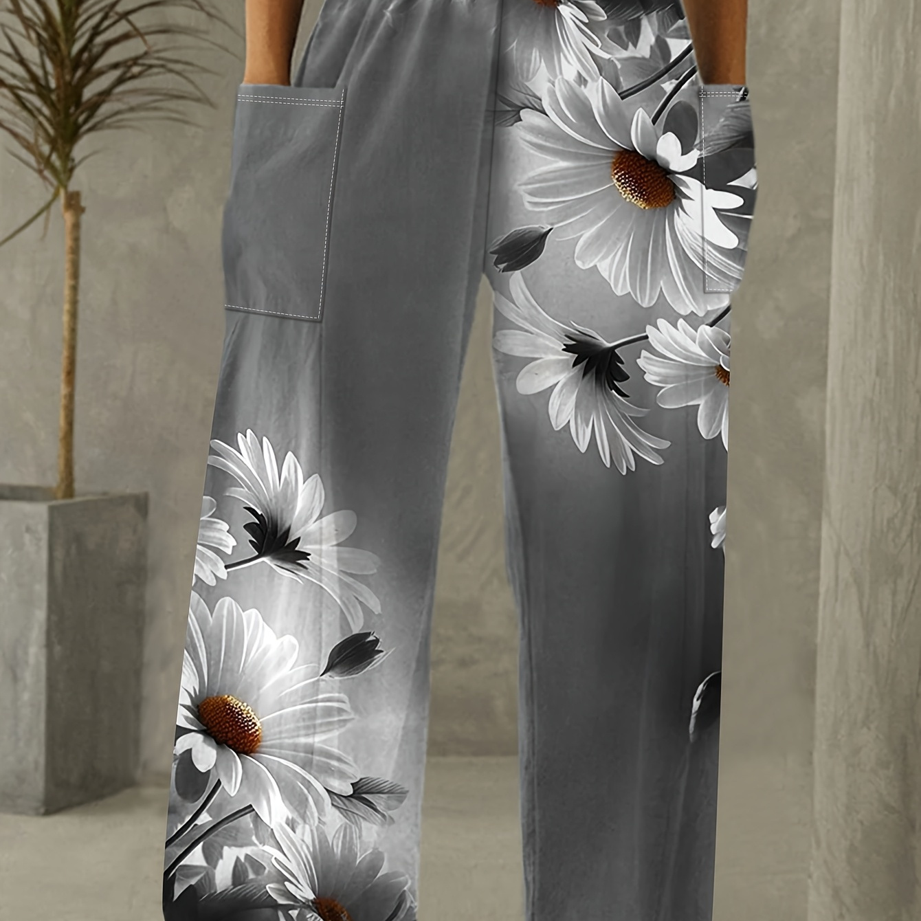 

Women's Floral Pants With Pockets - Gray Daisy Design, Loose Fit, Spring/fall Fashion, Polyester , Machine Washable, Cute Pants