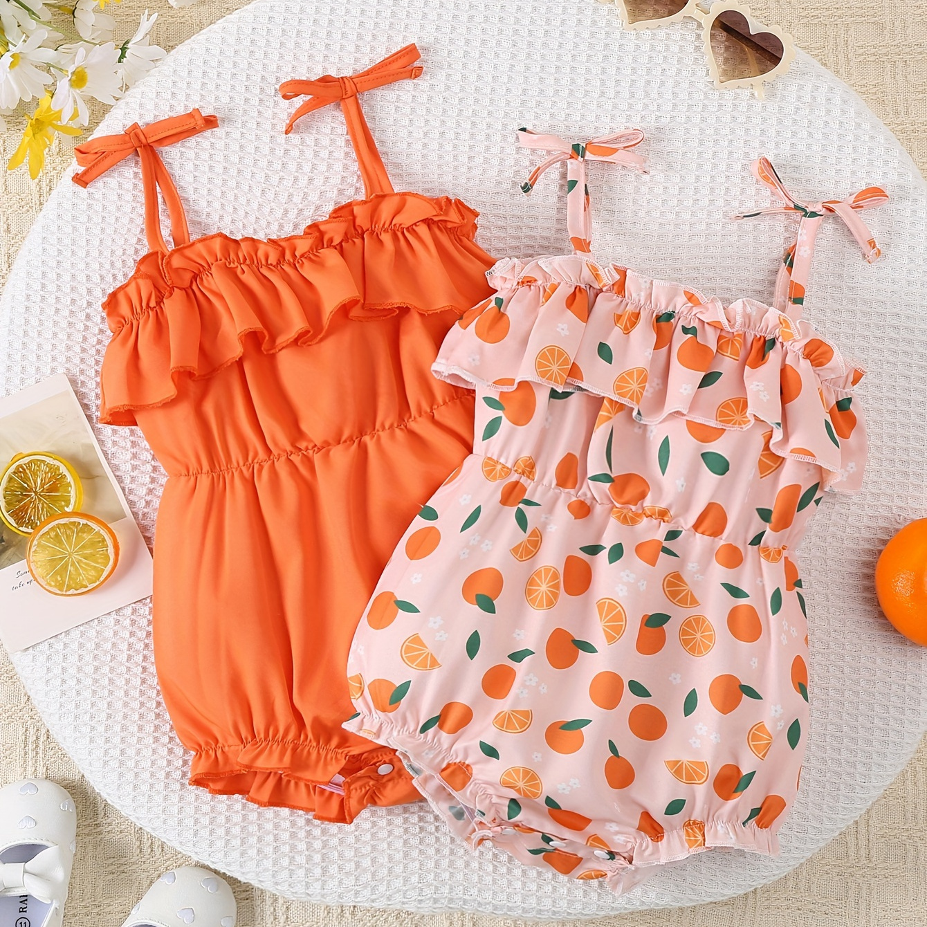 

2pcs Baby's Solid Color & Orange Pattern Bodysuit, Casual Sleeveless Romper, Toddler & Infant Girl's Onesie For Summer, As Gift