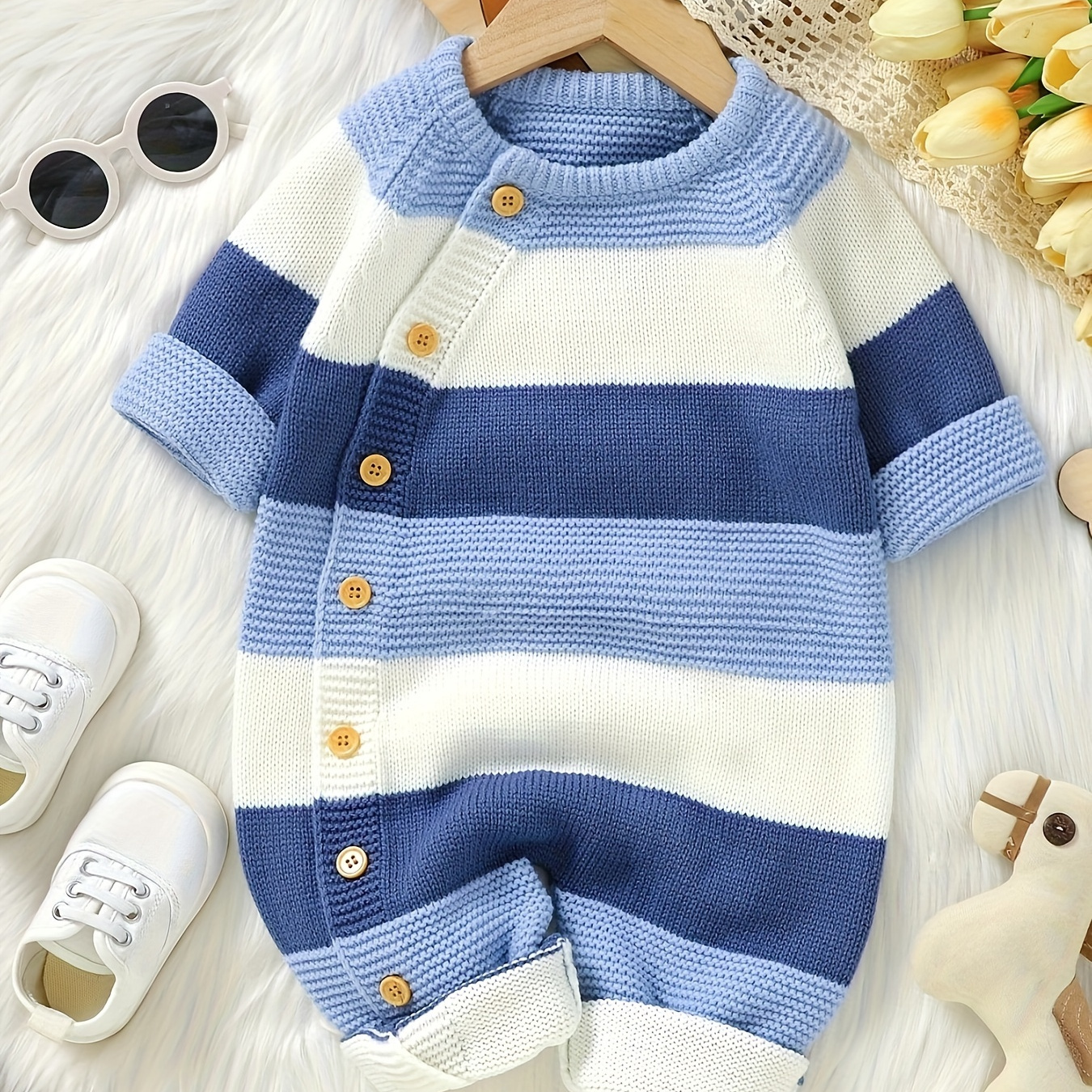 

Color Block Button Up Knit Jumpsuit Romper For Baby Boys