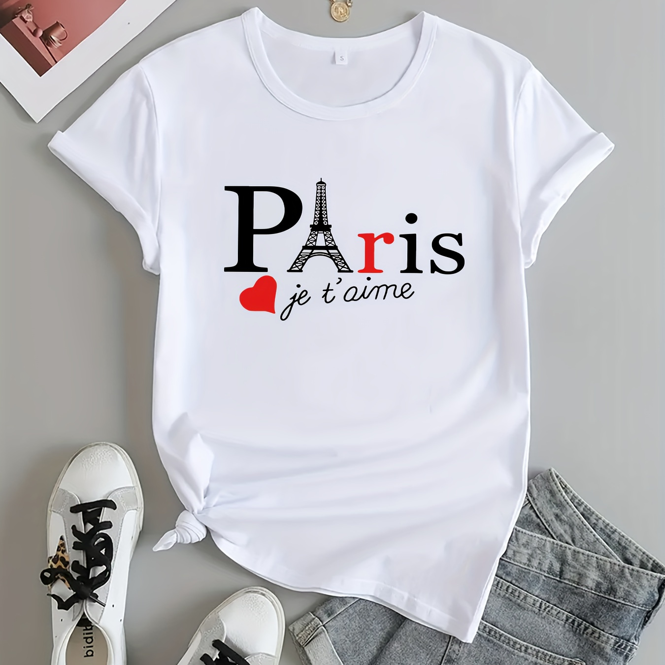 

Paris Graphic Casual Sports T-shirt, Fashion Short Sleeves Running Workout Tops, Women's Activewear