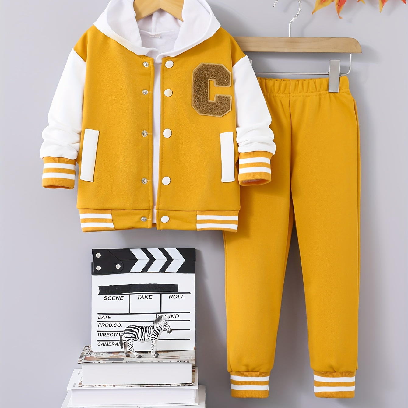 Boy's Letter C Patched Varsity Outfit Color Clash - Temu