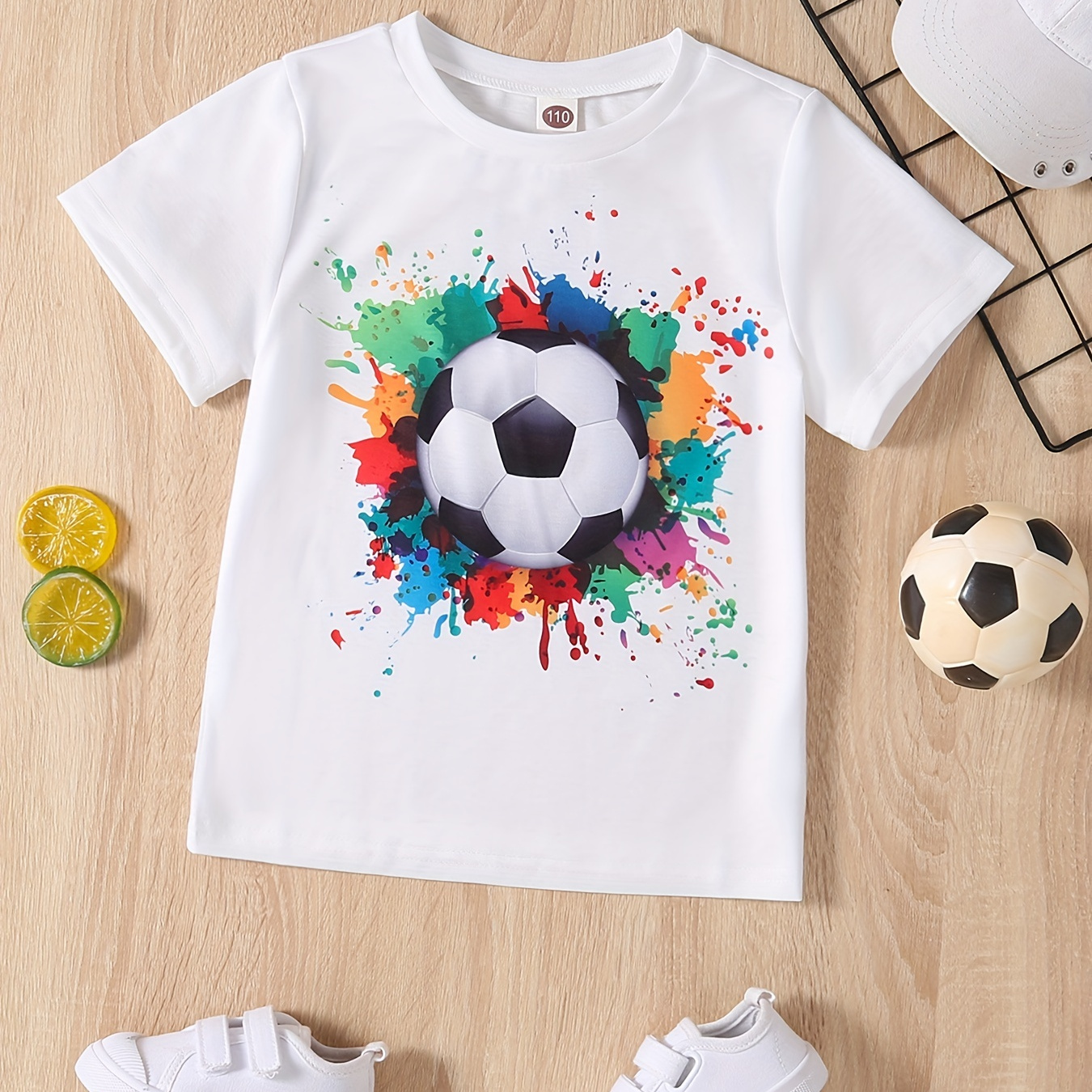 

Boys Casual T-shirt, Lightweight Comfy Short Sleeve Tops, Football Element Graphic Tees For Unisex Toddlers Summer, Kids Clothings