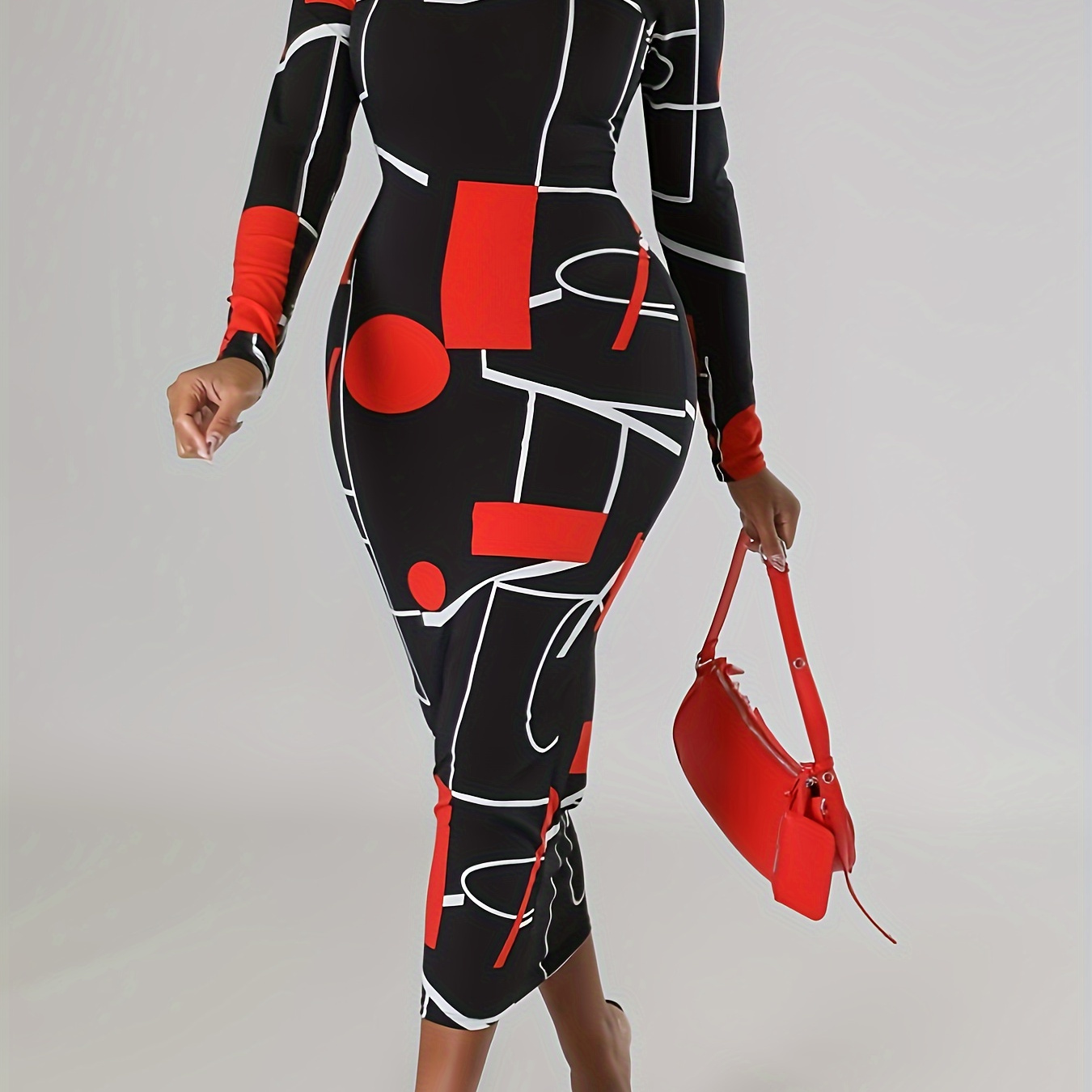 

Geo Print Bodycon Mock Neck Dress, Elegant Long Sleeve Dress For Spring & Fall, Women's Clothing