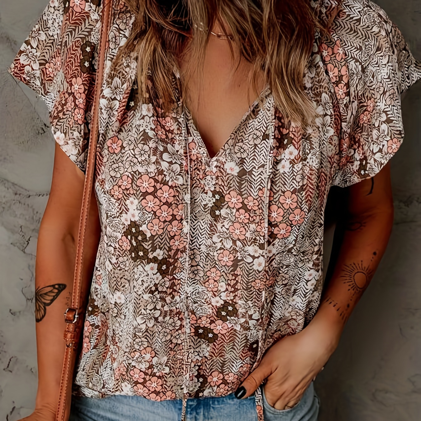 

Floral Print Tie Front T-shirt, Elegant Short Sleeve V Neck T-shirt For Spring & Summer, Women's Clothing