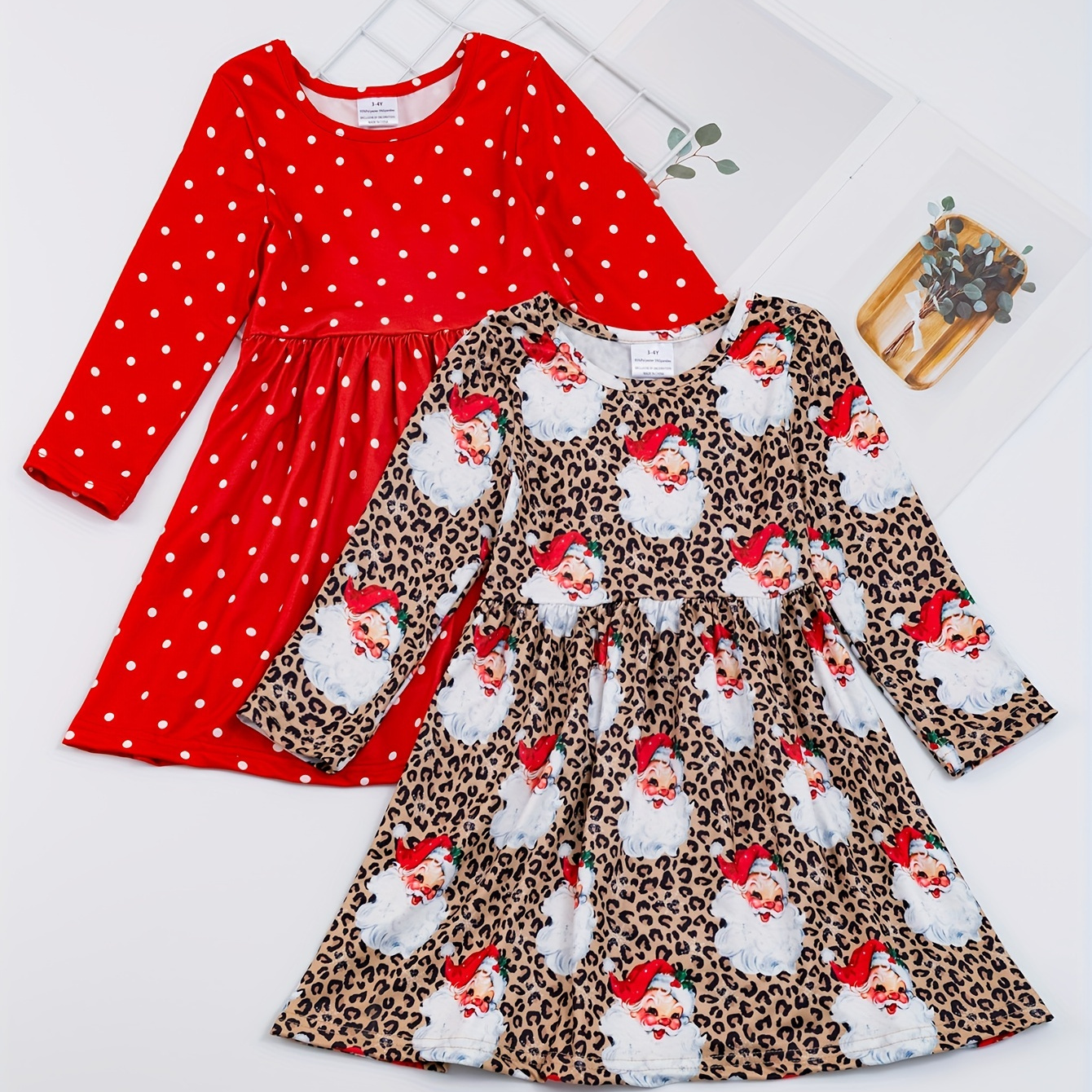 

Christmas Set 2 Pcs, Santa Claus Graphic Leopard Print Dress & Polka Dot Print Dress Set, Stretchy Set For Girls, Christmas, Gift