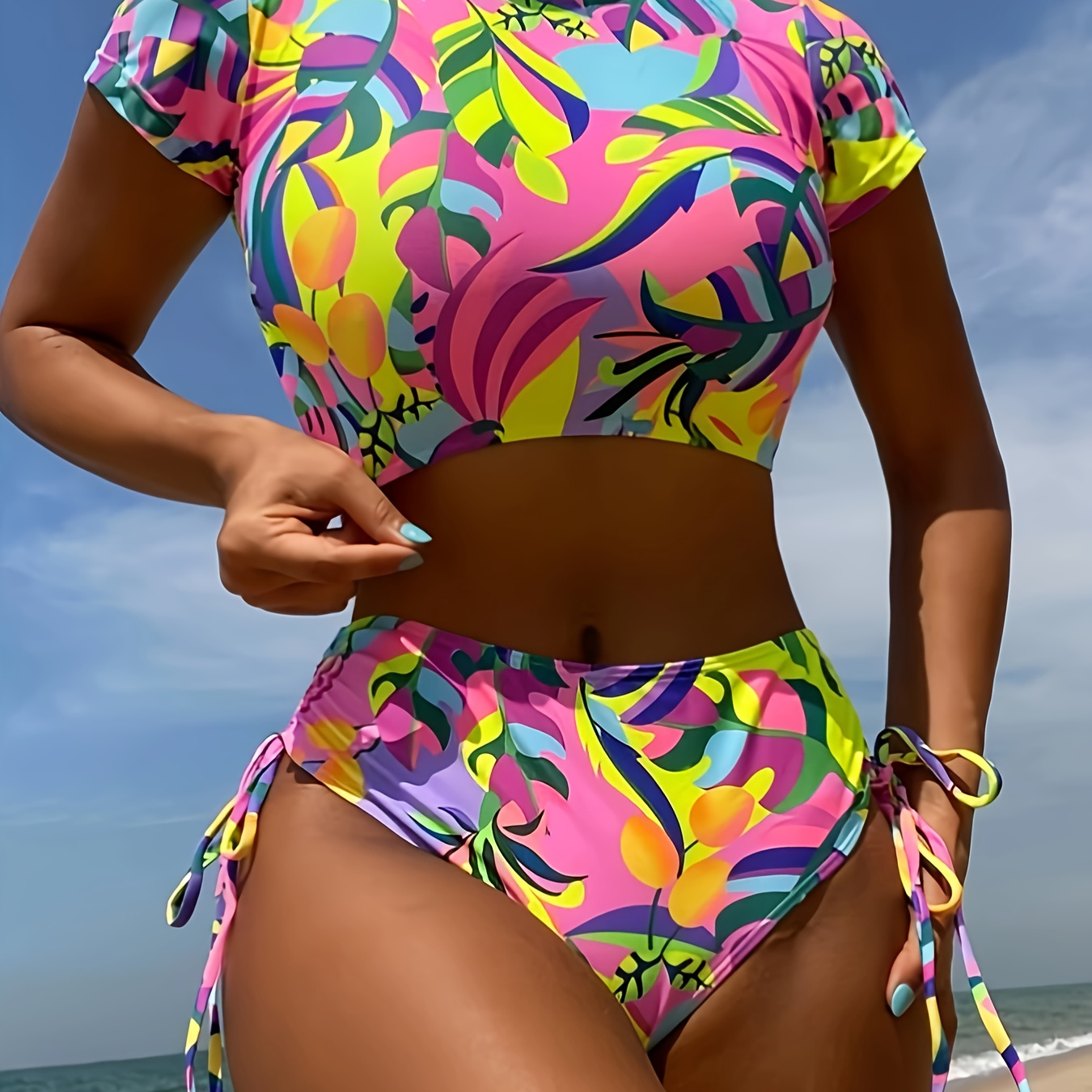 

Colorful Allover Print 2 Piece Set Tankini, Round Neck Short Sleeves Backless Tie Side High Cut Swimsuits, Women's Swimwear & Clothing