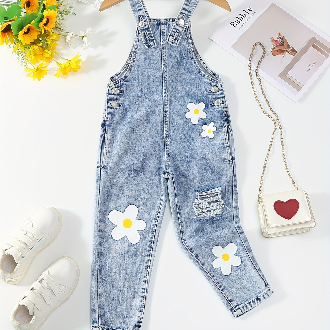 

Cute Flower Graphic Sleeveless Denim Jumpsuit, Girls Casual Comfy Romper For Party Gift