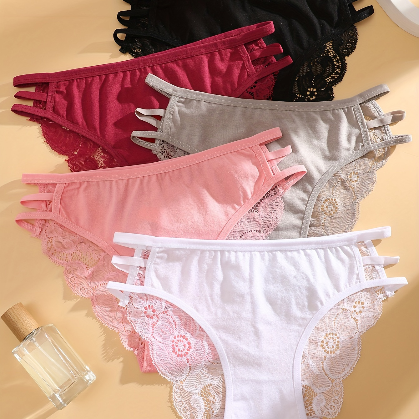 

5pcs Women' Color Lace Trim Fashion Hollow Triangle Briefs, Polyester, Sexy, Knit Fabric, 180g/m², With Contrast Lace For Women