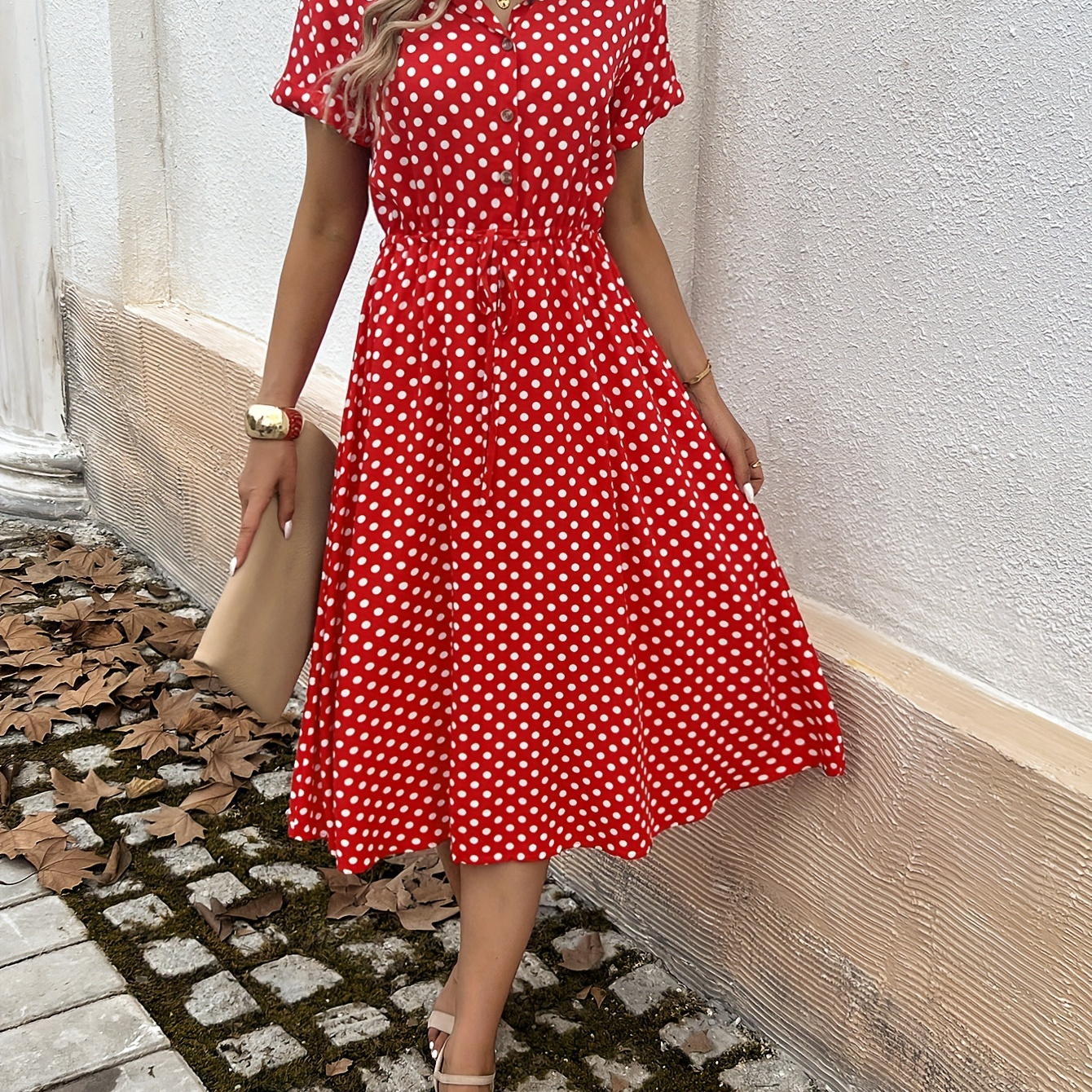 

Polka Dot Print V Neck Dress, Casual Short Sleeve A-line Dress For Spring & Summer, Women's Clothing