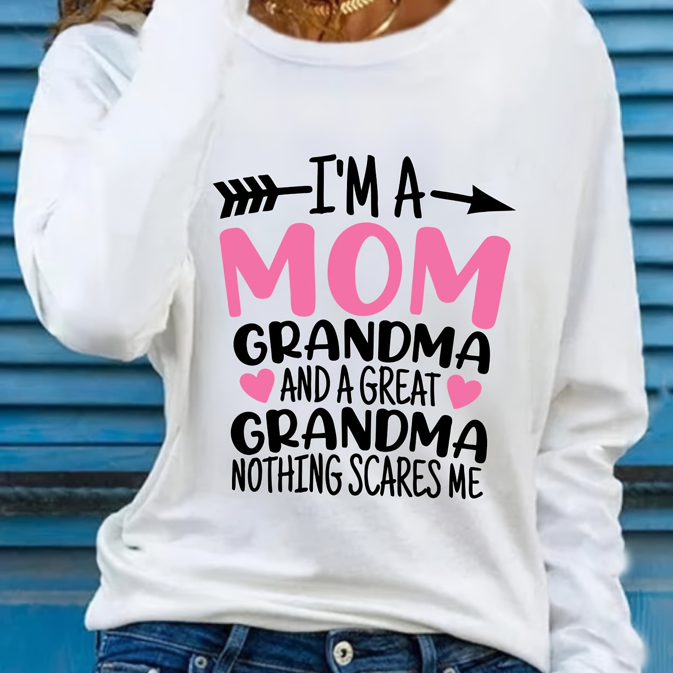 

Women's Long Sleeve Crew Neck T-shirt With Letter Print, Casual Polyester Top For Spring & Fall, Applique Detail, Knit Fabric, 180gsm - "i'm A Mom, Grandma & Great Grandma" Design