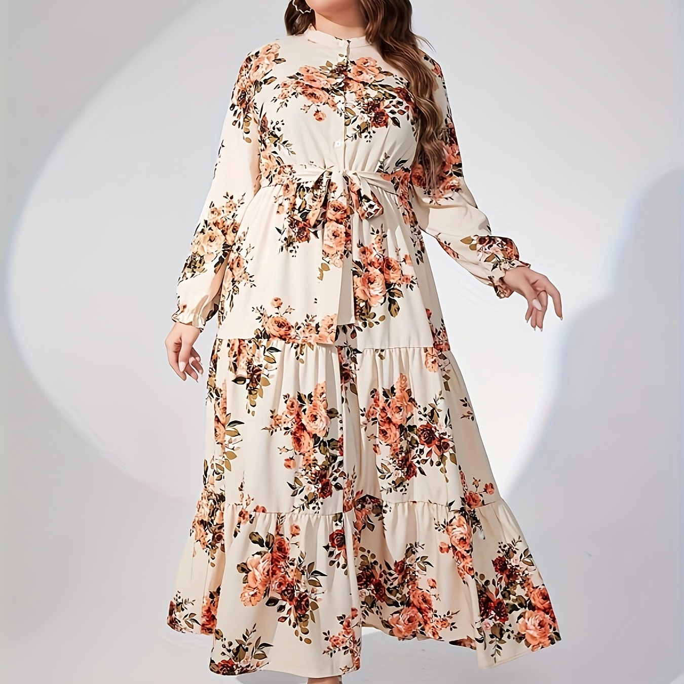 

Women's Elegant Dress, Plus Size Floral Print Long Sleeve Button Up Maxi Smock Dress With Belt
