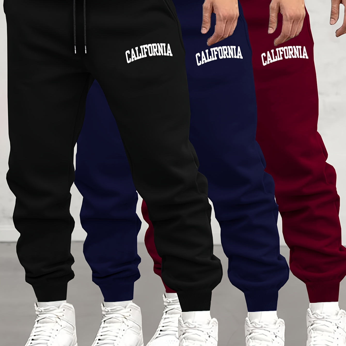 

California Print 3pcs Men's Casual Jogger Sweatpants, Soft Autumn Winter Athletic Track Pants, Comfortable Outdoor Cuffed Drawstring Pants For Sports Outdoor Activities