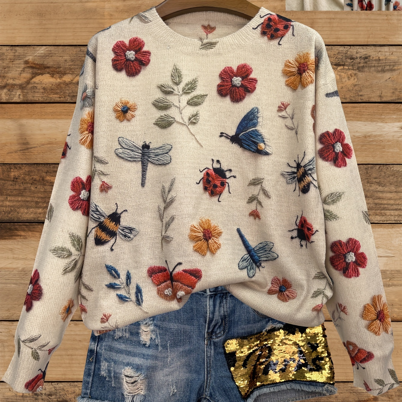 

Floral & Dragonfly Neck Sweater, Casual Long Sleeve Sweater For Fall & Winter, Women's Clothing