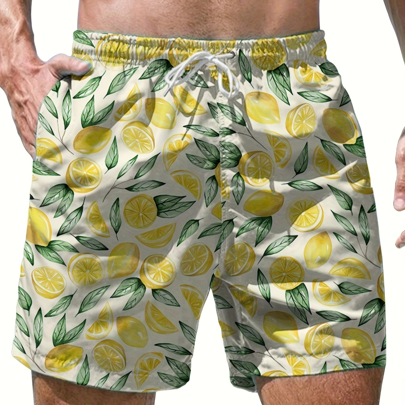 

Men's Lemon And Floral Pattern Shorts With Drawstring And Pockets, Casual And Chic Shorts For Summer Leisurewear And Vacation