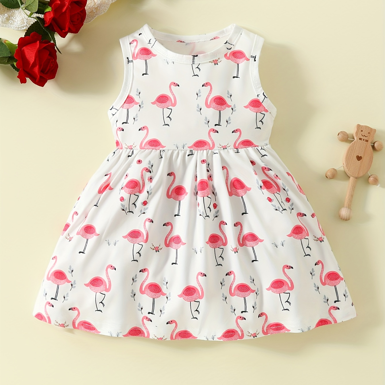 

Baby Cute Flamingo Print Sleeveless Dress, Comfortable Casual Clothes For Kids