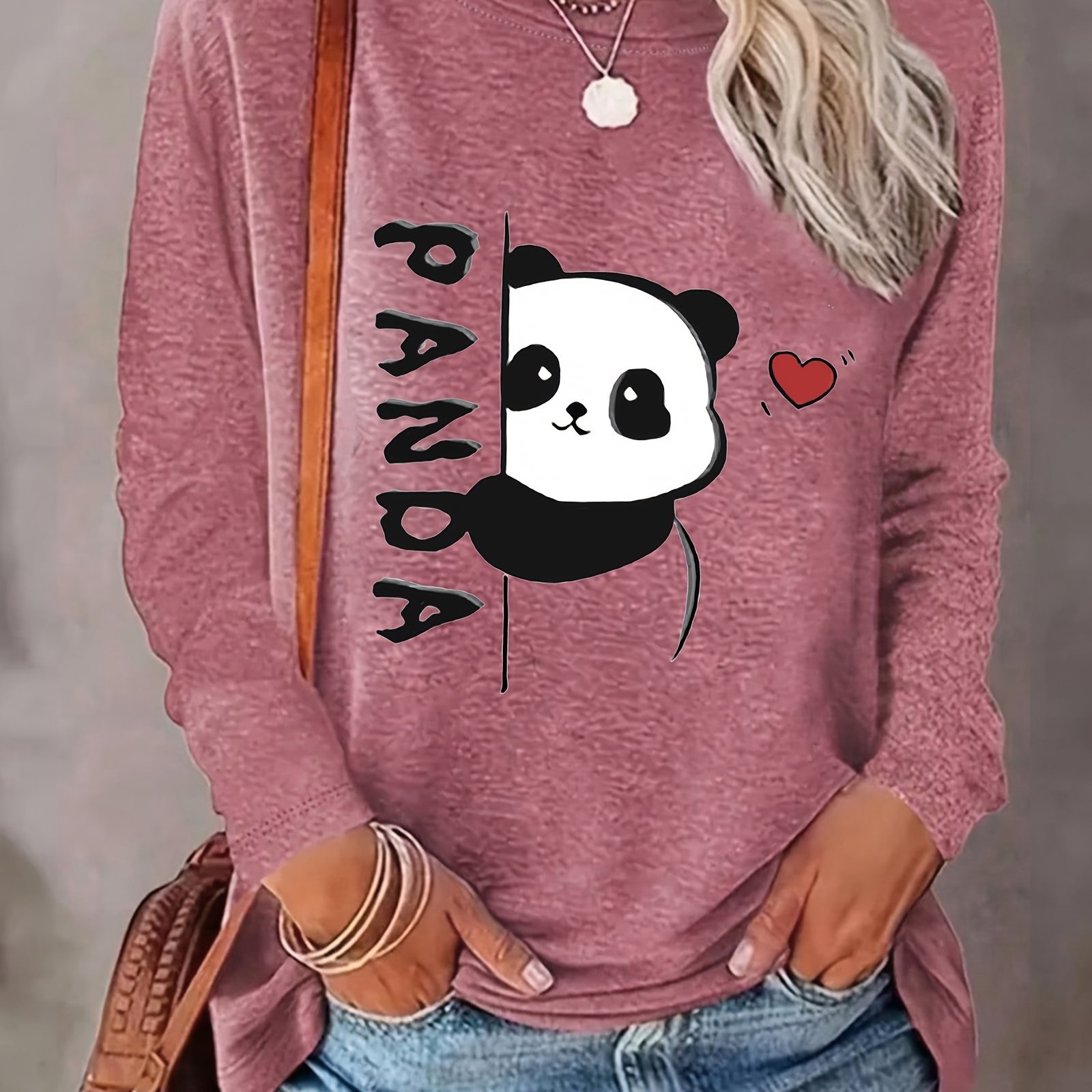 

Cute Panda Print T-shirt, Long Sleeve Crew Neck Casual Top For Spring & Fall, Women's Clothing