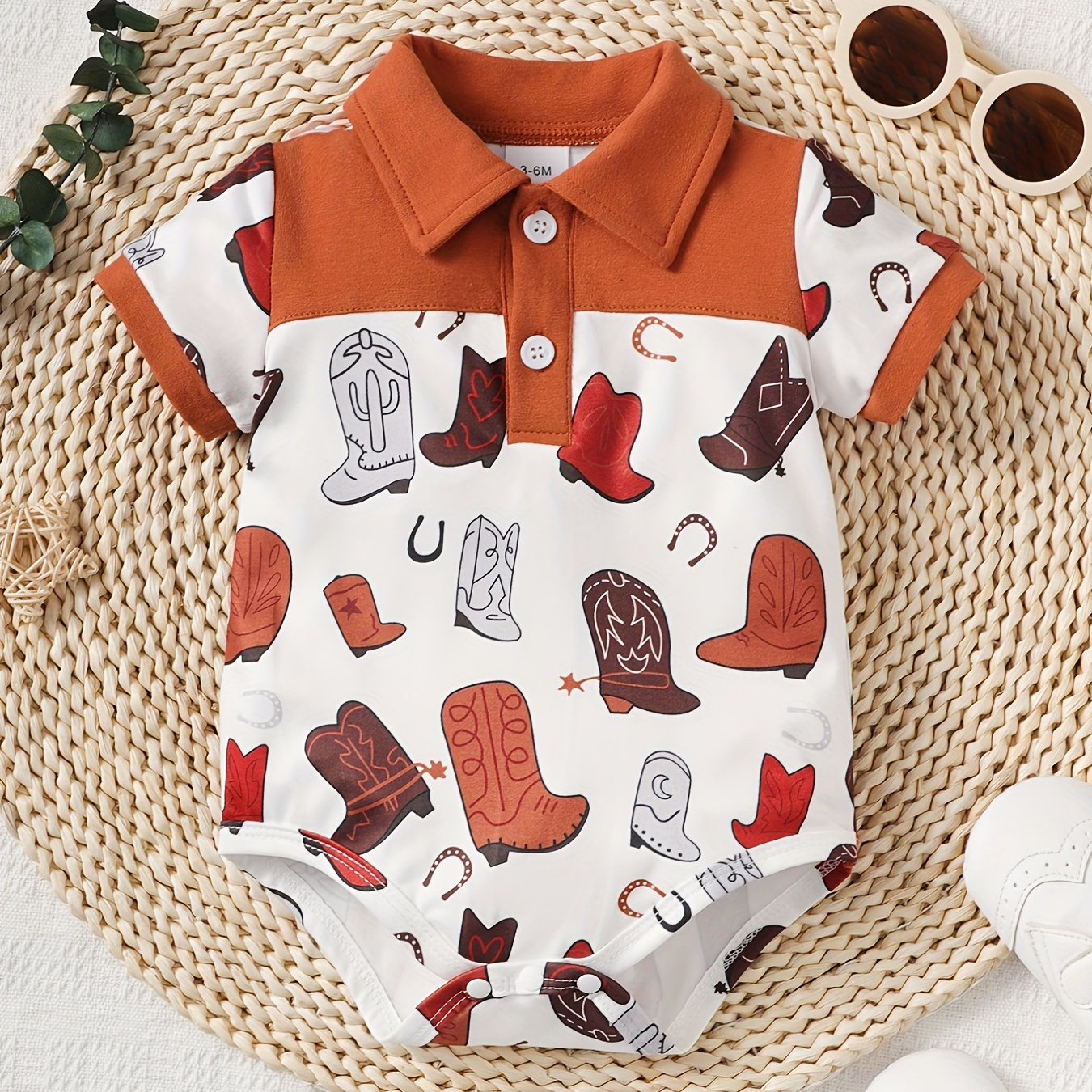 

Baby Boys Boot Print Onesie, Short Sleeves Summer Onesie, Soft Comfortable Breathable Baby Clothes