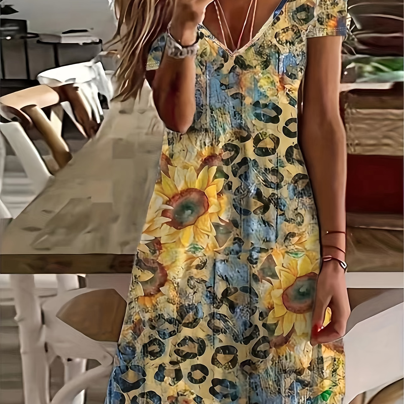 

Sunflower & Leopard Print V Neck Dress, Casual Short Sleeve Dress For Spring & Summer, Women's Clothing
